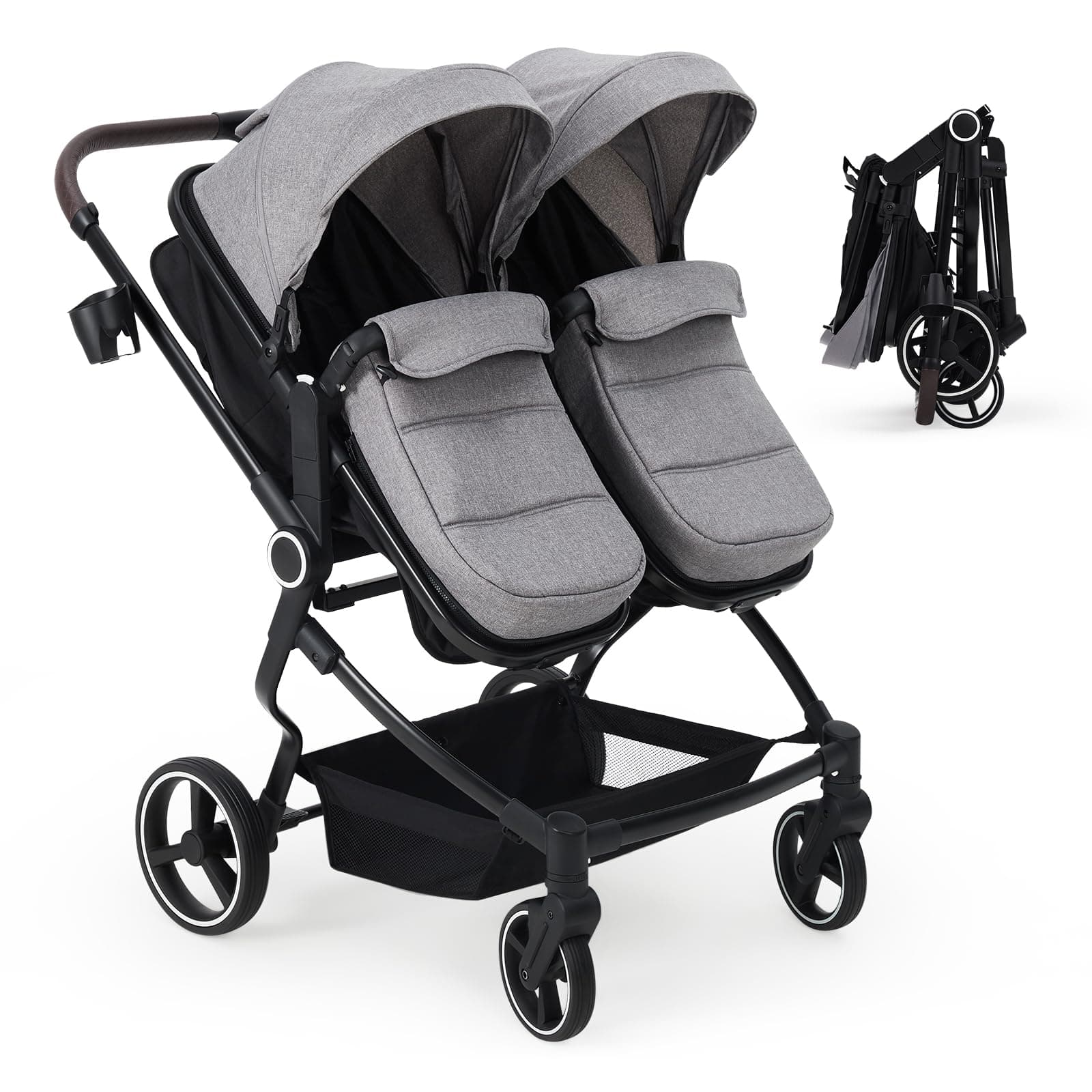 Side by Side Double Stroller for Twins, Lightweight Compact Foldable Baby Travel Stroller with High Landscape Seat, Adjustable Canopy & Recline for Infant and Toddler, Light Grey