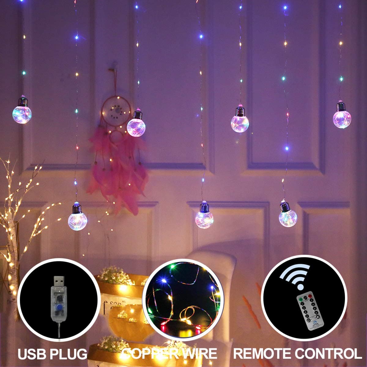 Remote Control G40 Dimmable Globe Colorful Curtain String lights USB Plug in Led Bulb Fairy Lights Starry Window Lights for Bedroom,Home,Patio,Garden Decor(Multicolor bulb curtain string lights)