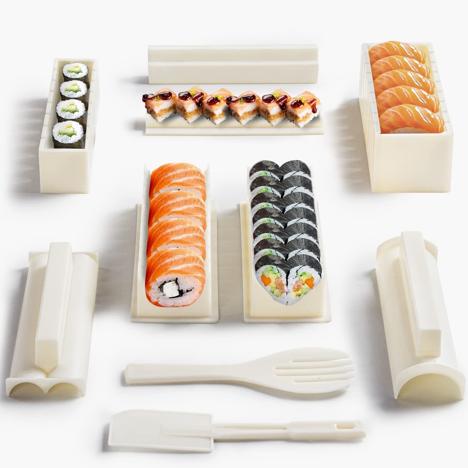 Virklyee Sushi Maker kit 5 Unique Mold Shapes 10PCS Plastic kit DIY Home Sushi Making Kit Sushi Tool Set Rice Roll Mold Multifunctional Mould Suit The Best Choice for Beginners or Foodie (White)