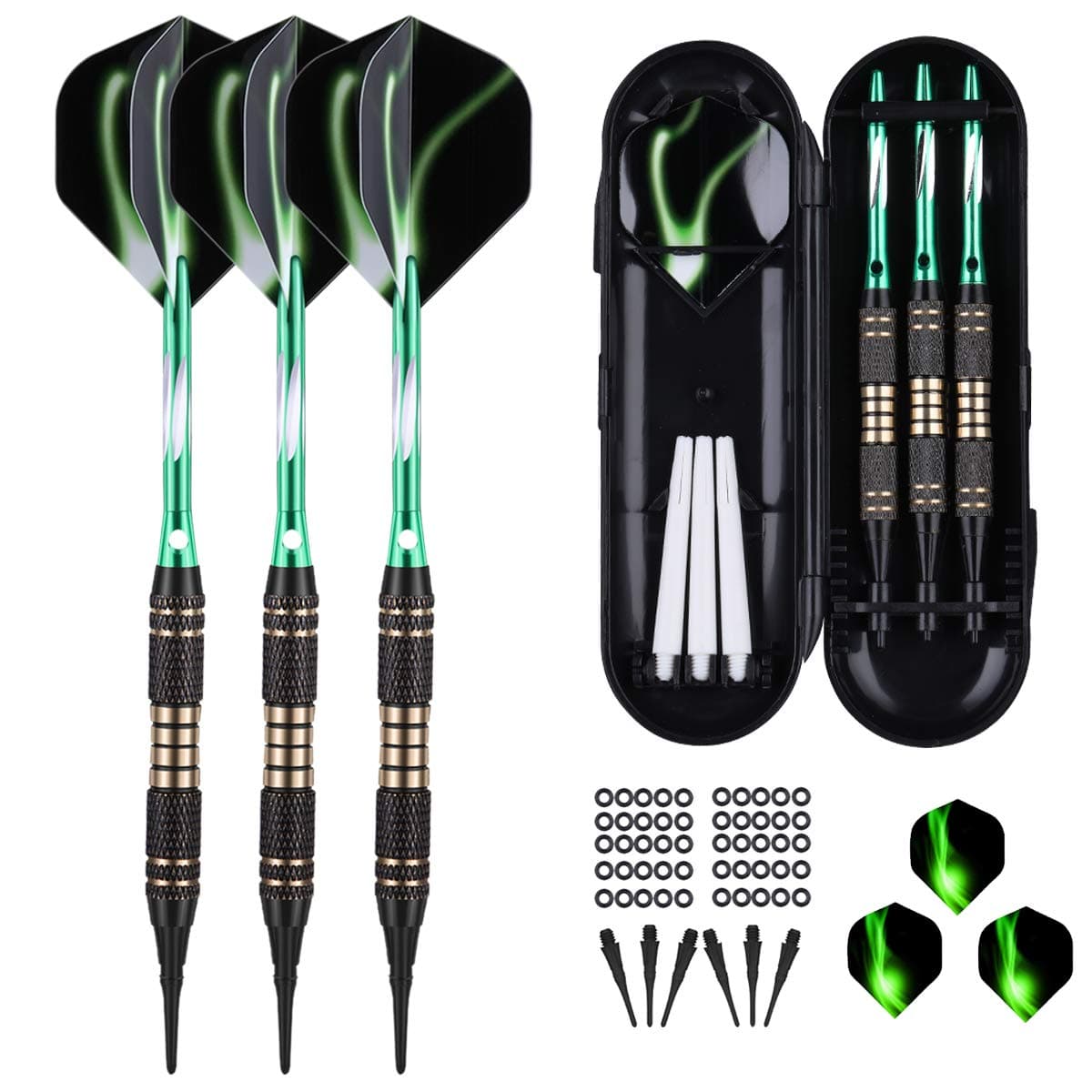 Soft Darts, Soft tip Darts Set 18 Gram e Darts, Professional Darts Plastic Tip Brass Barrel + Green Aluminum Shafts + 3 White Frosted White Shafts + 2 Pattern Flights Electronic Dartboard