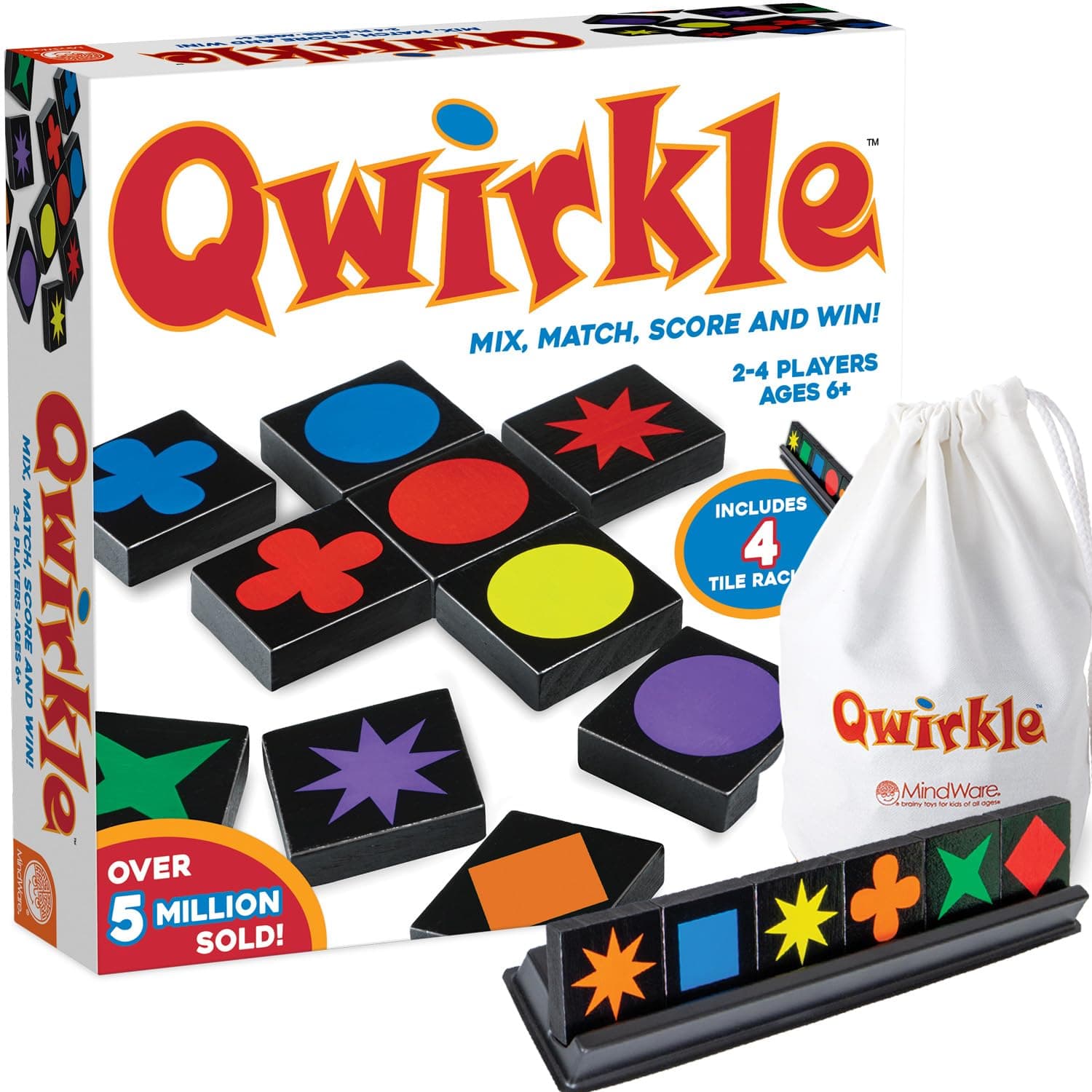 MindWare Qwirkle Board Game 2023 Edition - Includes 108 Qwirkle Tile Pieces, 4 Trays, Storage Bag, and Rule Book