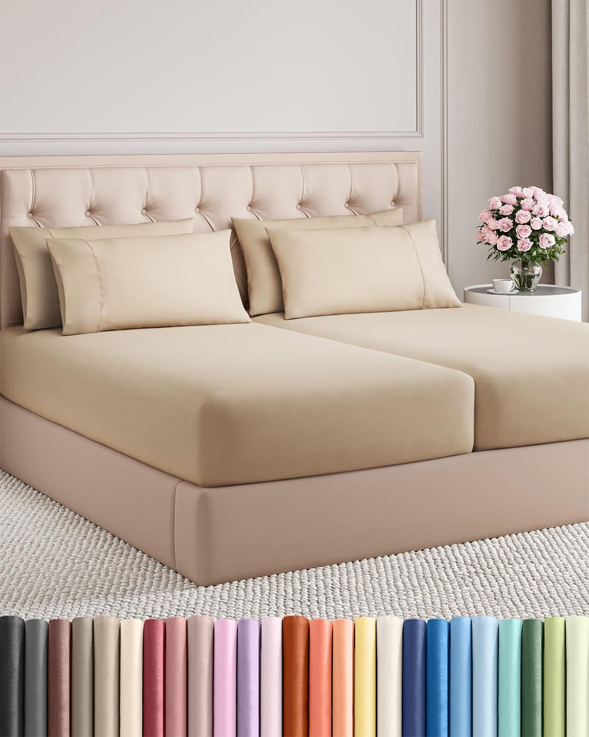 Split King 7 Piece Sheet Set - Comfy Breathable & Cooling - Ultra-Soft Hotel Luxury Bedding Set w/ 8-16 Inch Deep Pockets - 1 Flat & 2 Fitted Sheet & 4 Pillowcases - Wrinkle Free & Easy Care - Cream