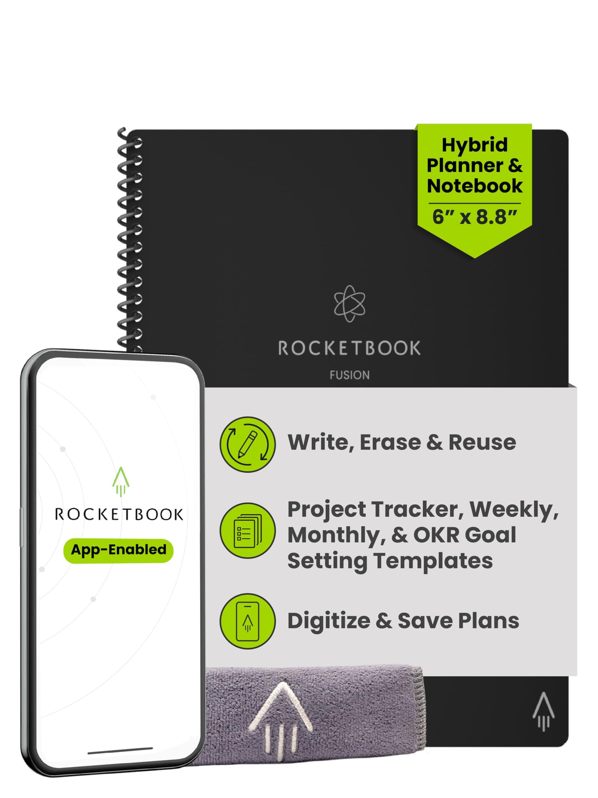 Rocketbook Fusion Reusable Digital Notebook - Smart Notepad A5 Black, 7 Styles, To Do List, Daily Journal, Weekly & Monthly Planner, with Frixion Erasable Pen, Office Gadget Reduces Paper Waste