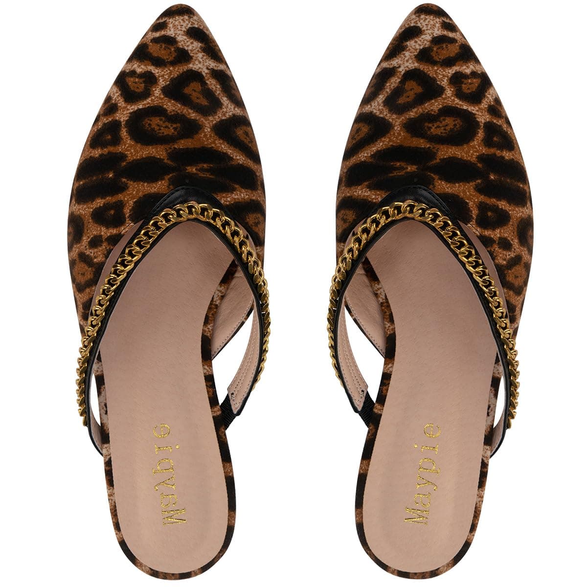 Maypie Pointed Toe Mules for Women Chain Flat Slides Backless Loafers Mule Shoes