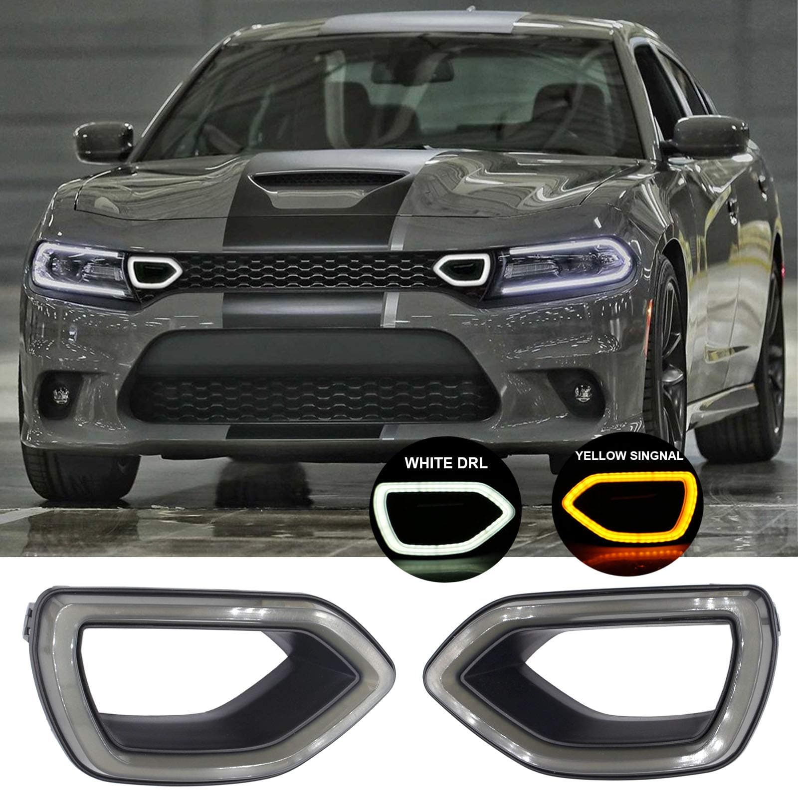 MOCW Replacement for SRT Scat Pack Grille Smoke LED Lights Pig Nose Fit for Dodge Charger 2015-2020