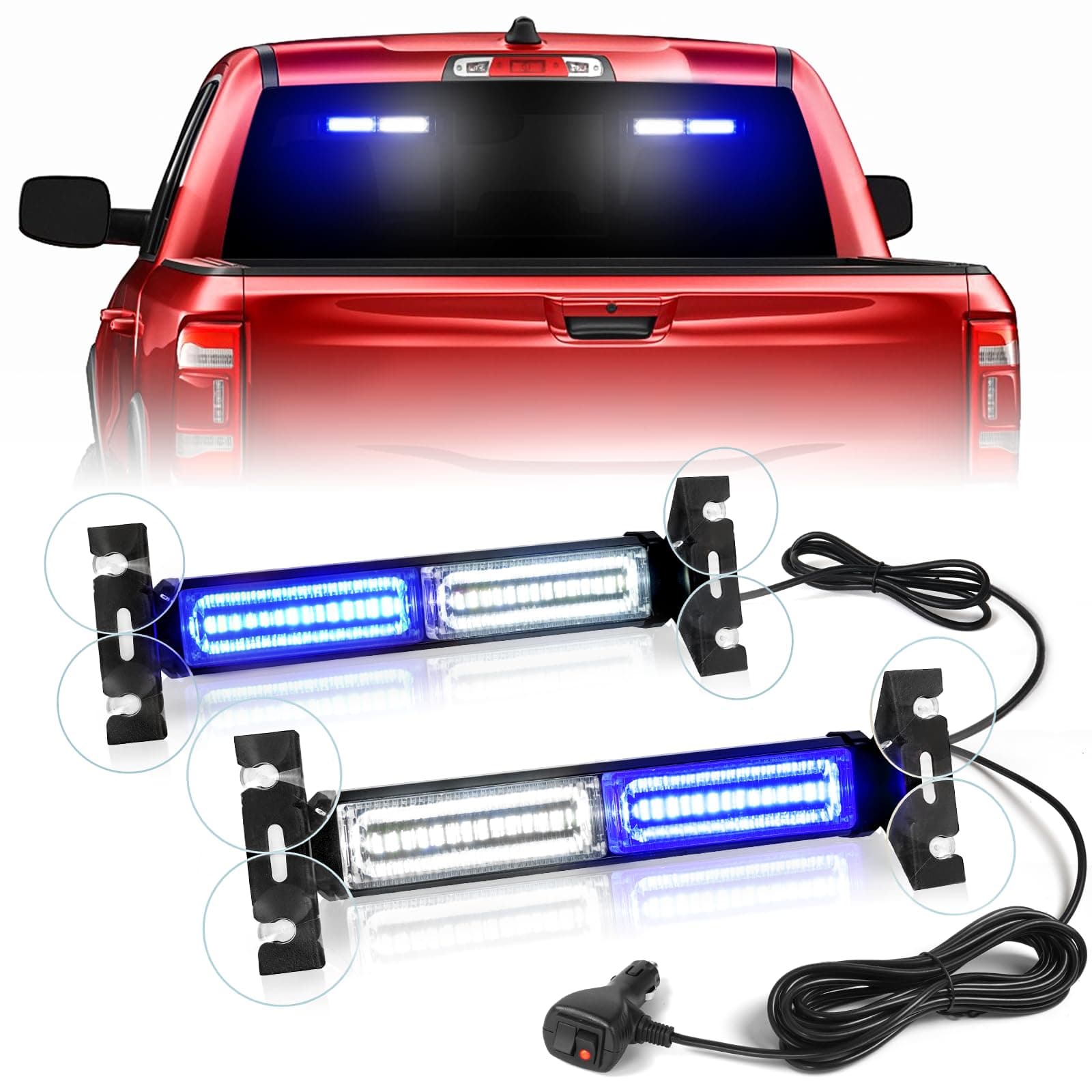 HLauto 1002L Emergency Strobe Traffic Advisor Light Bar: 40LED Dash Safety Warning Flashing Front/Rear Windshield Visor Light for Construction Vehicle, Trucks (2x10.7inch, Blue White)