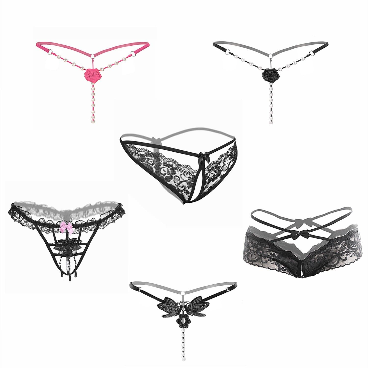ZEWOO T-String Panties, Women's Sexy G-String T-Back Charming Thong Lace Panties with Pearls Breathable Panties (6 Pack)