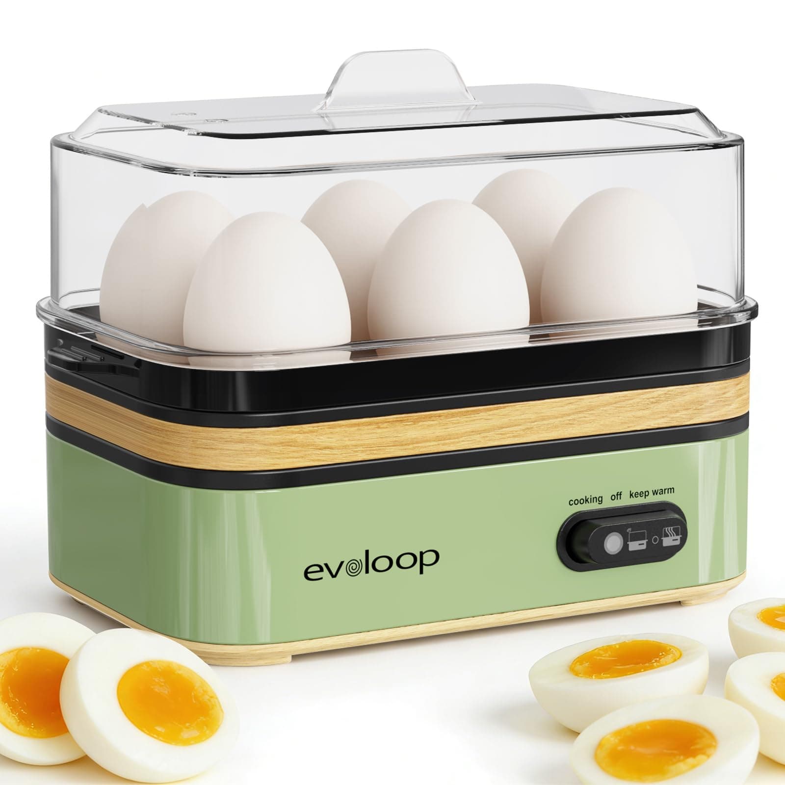Evoloop Rapid Egg Cooker Electric 6 Eggs Capacity, Soft, Medium, Hard Boiled, Poacher, Omelet Maker Egg Poacher With Auto Shut-Off, BPA Free (Green)