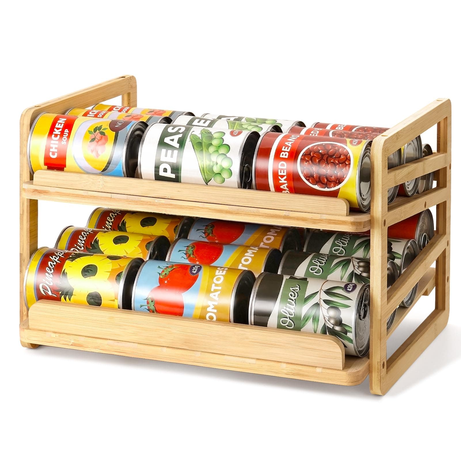 Rolling Bamboo Can Organizer Rack, Stackable Double-Layer Can Organizers and Storage For Pantry, Canned Goods Holder Dispenser For Countertop Kitchen Cabinet or Pantry Shelf