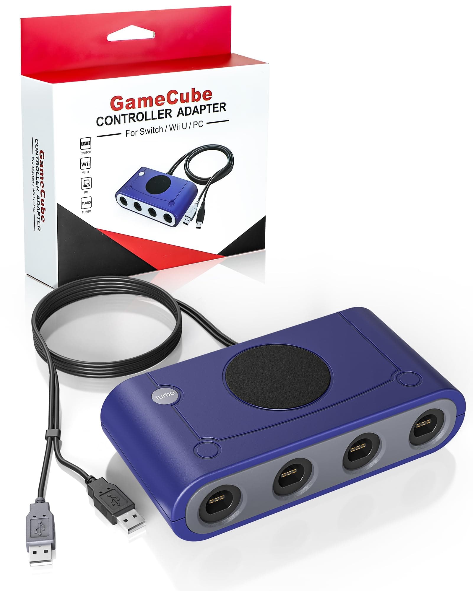 GameCube Adapter for Nintendo Switch, Wii U, PC & Windows, Super Smash Bros GameCube Controller Adapter, 4-Port, Turbo Function, 38in USB Cable (Blue)
