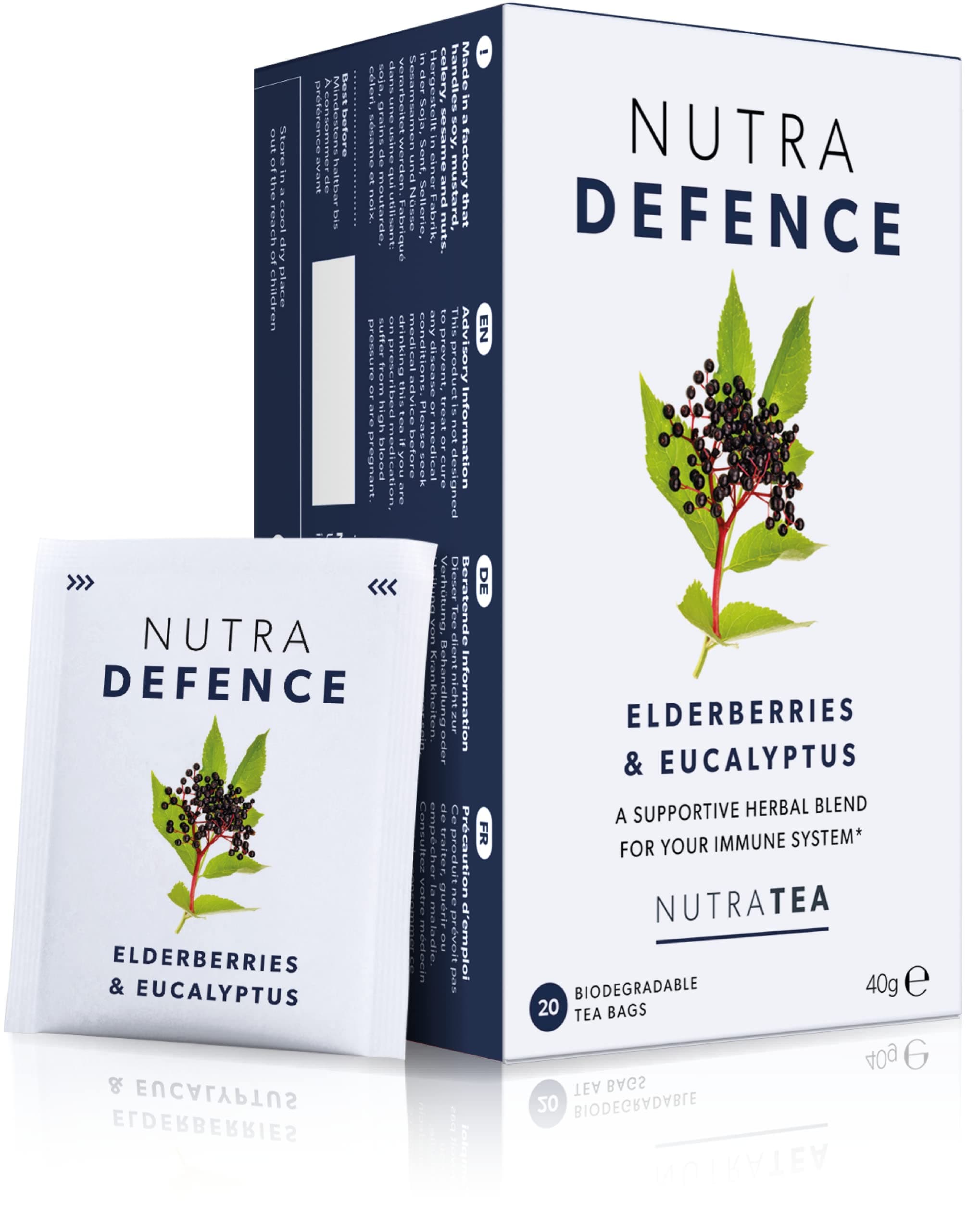 Nutra Tea NUTRADEFENCE - Cold & Flu Tea - Cough Teabags - Immune Tea - Providing Immune Support - With Eucalyptus, Elderberry And Mullein - 20 Individual Wrapped Bags - Herbal Infusion (1 Pack)