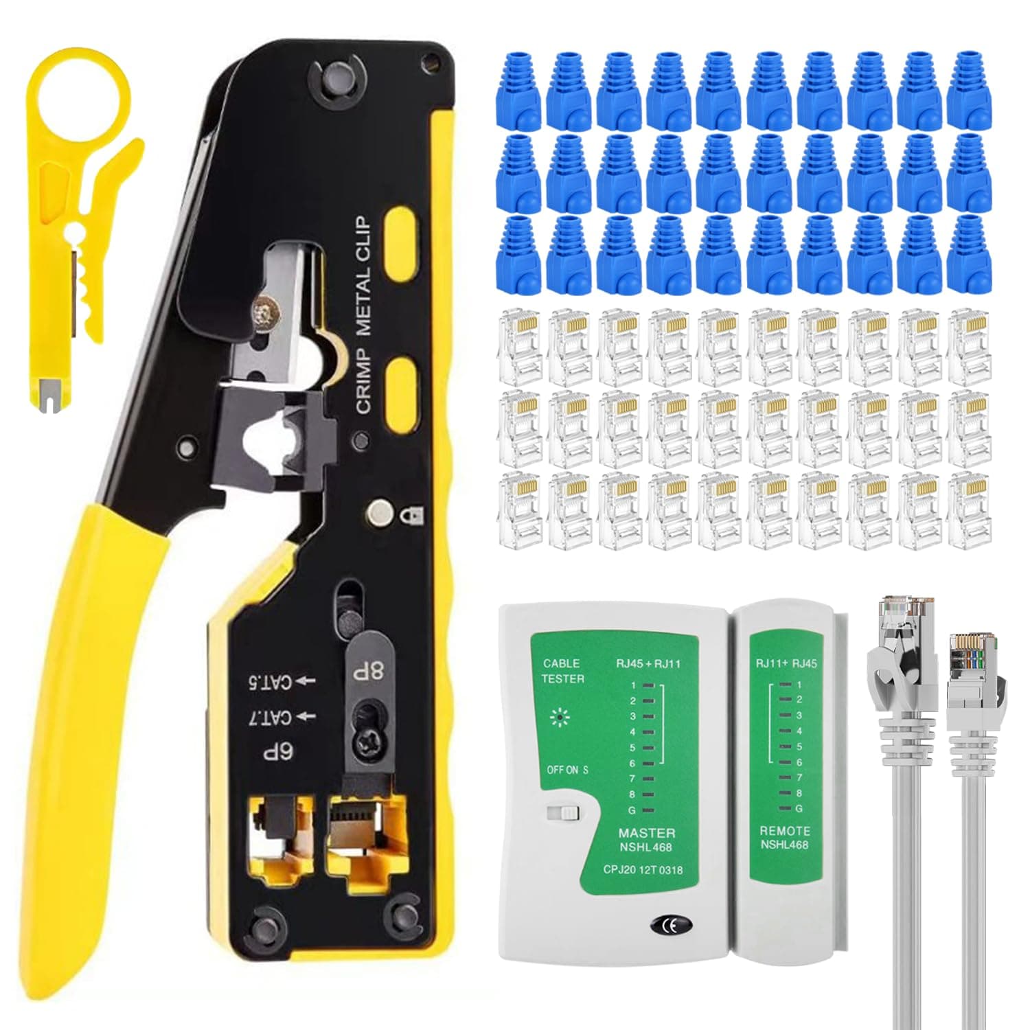 RJ45 Pass-Through Crimp Tool Kits - WEETOTUNG Network Cable All-in-One Crimper Cutter Stripper - Compatible with Cat5/Cat5e/Cat6 Connector