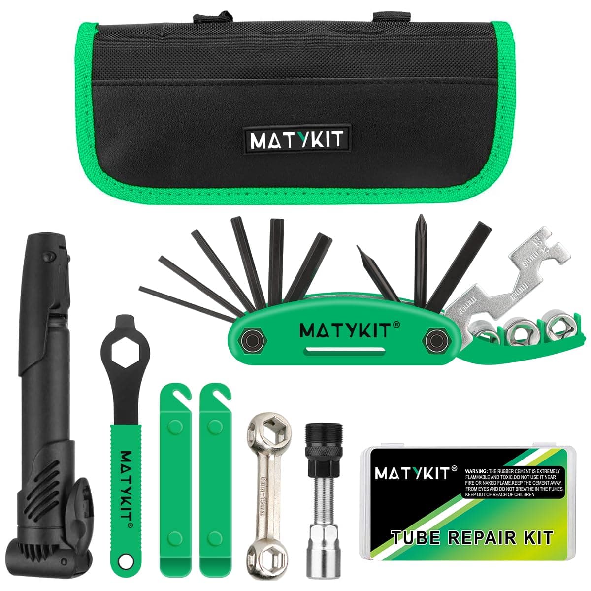 Bike Tool Kit With Tools Bag + Bicycle Pump + Bike Multitool + Crank Extractor and Wrench + Bone Wrench + Tire Lever + Glueless Patches Set