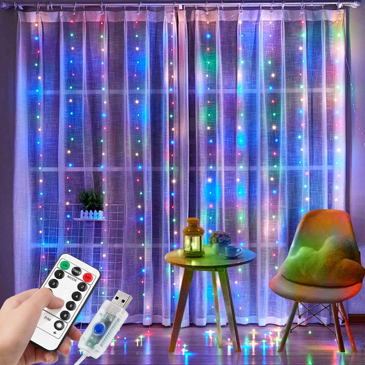 300 LED Curtain Lights, DIZA100 Window String Lights, 3m×3m USB Decorative Curtain Fairy Lights with 8 Modes Remote Timer for Decoration Party Wedding Bedroom (Multi-Color)