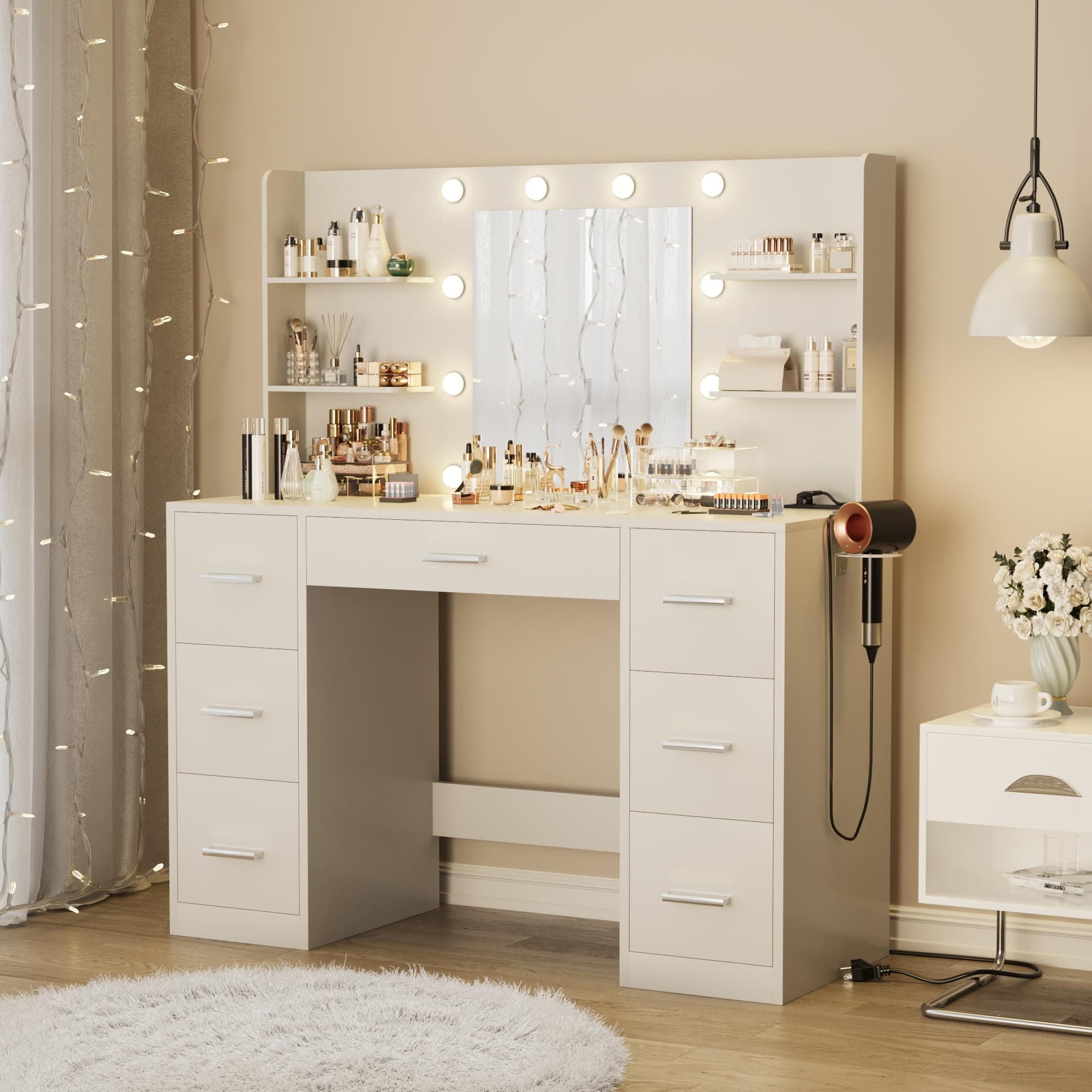 Furmax Vanity Desk with Mirror LED Light Outlet Makeup Vanity Table with 7 Drawers and 6 Storage Shelves Dressing Table for Bedroom/Dressing Room (White)