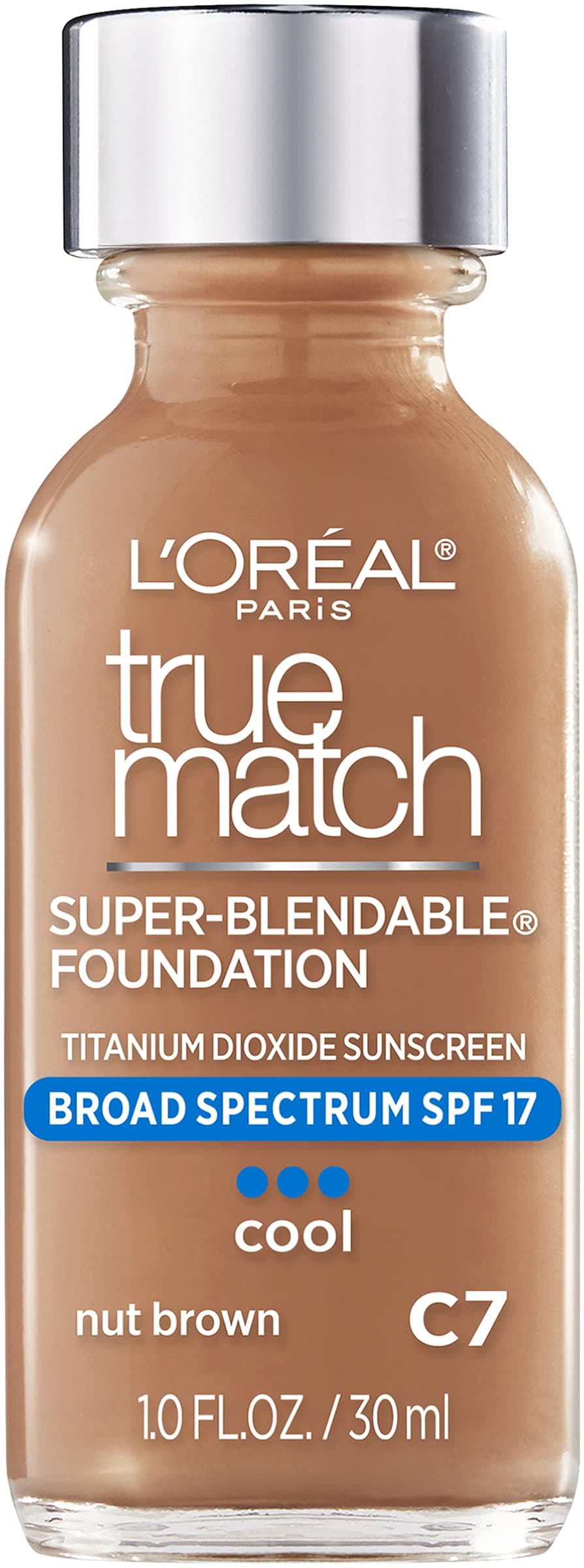 L’Oréal Paris Makeup True Match Super-Blendable Liquid Foundation, Nut Brown C7, 1 Fl Oz,1 Count