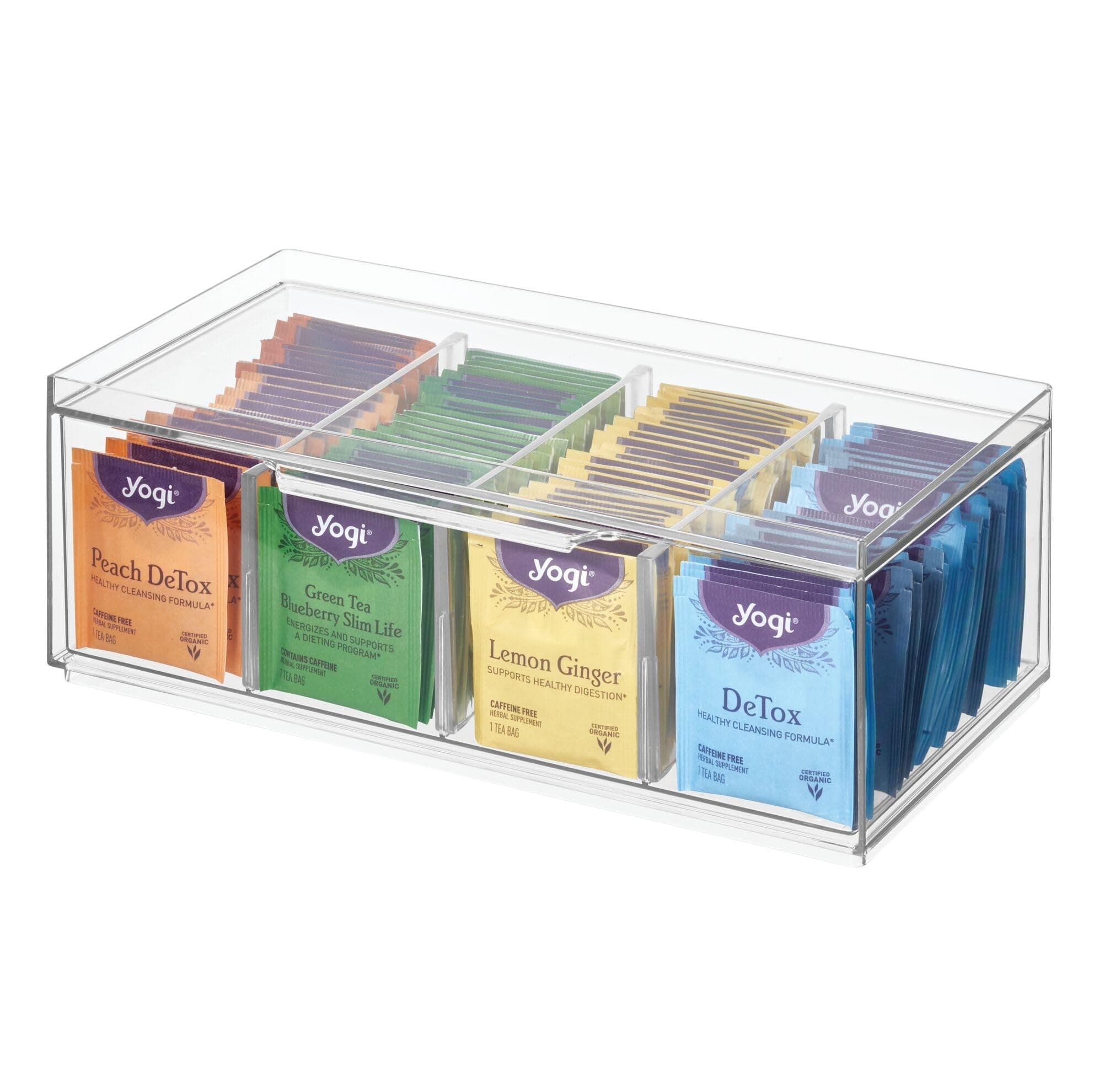 XL Tea Bag Organizer for Counter, 4-Section Clear Stackable Tea Storage Drawer for Cabinet