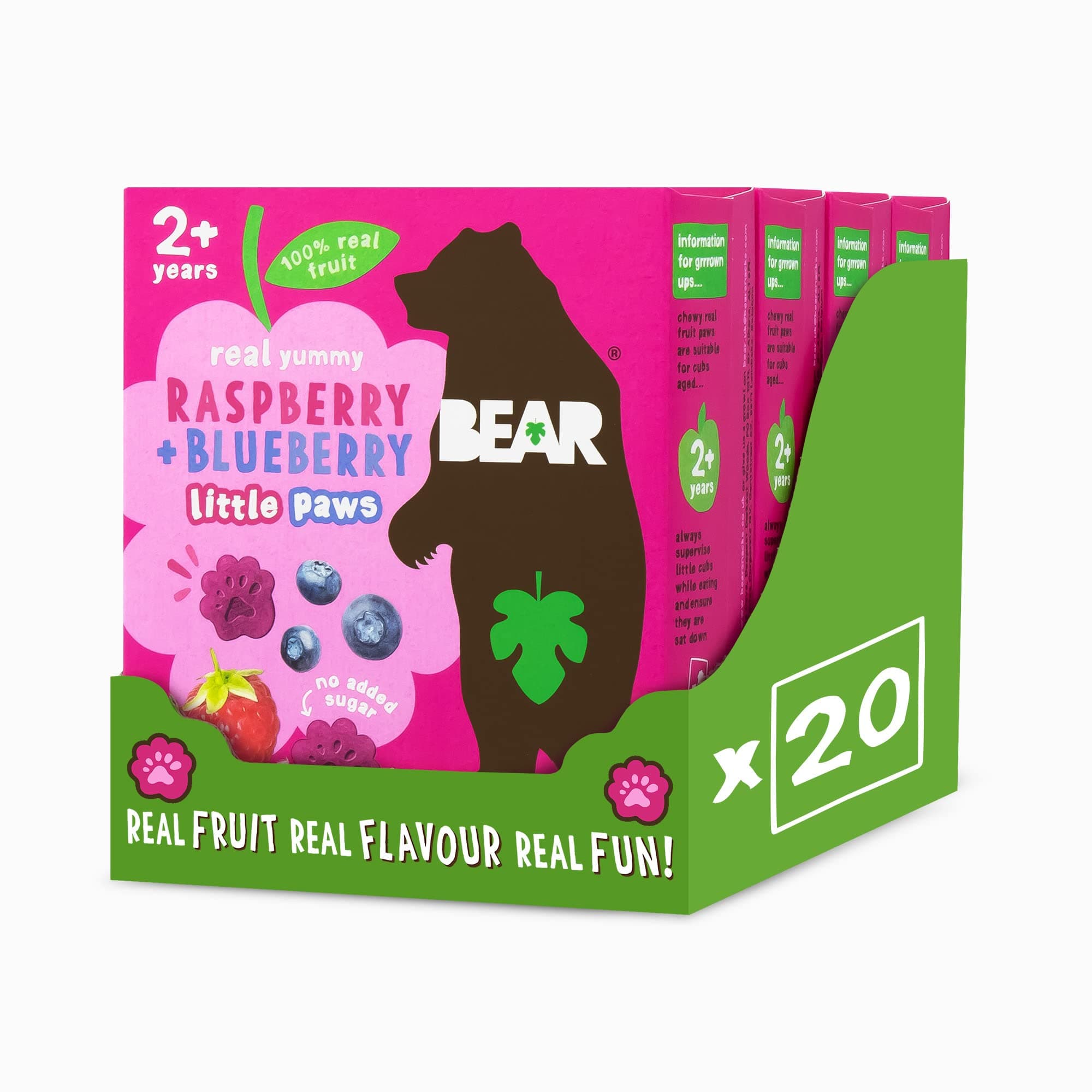 Raspberry & Blueberry Paws - Delicious Real Fruit - Suitable for 2+ years - Healthy - 20g - 4 x 5 Packs (Pack of 20)