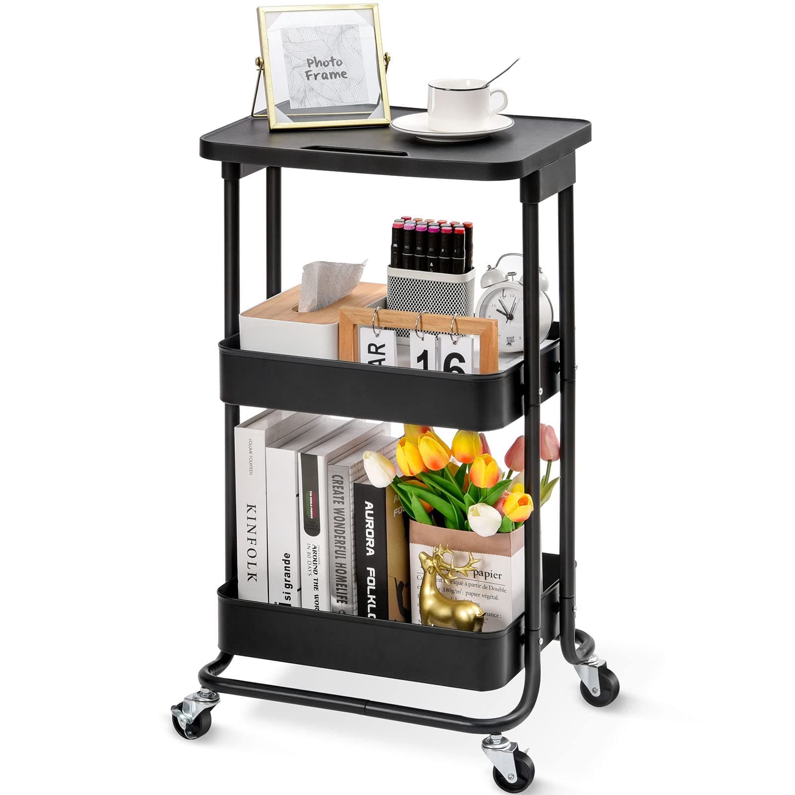 TOOLF3-Tier Metal Rolling Storage Cart with Tabletop, Utility Rolling Carts with Wheels,Trolley Organizer with Handle for Library Office Classroom Home Bedroom, Black
