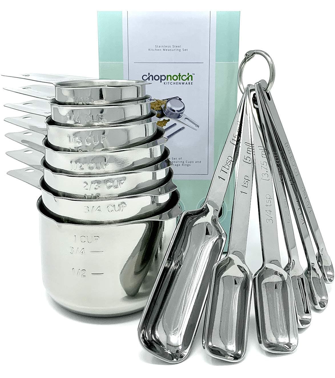 Premium Measuring Cups and Spoons Set by Chopnotch - Complete Set of Stainless Steel Measuring Cups and Stainless Steel Measuring Spoons