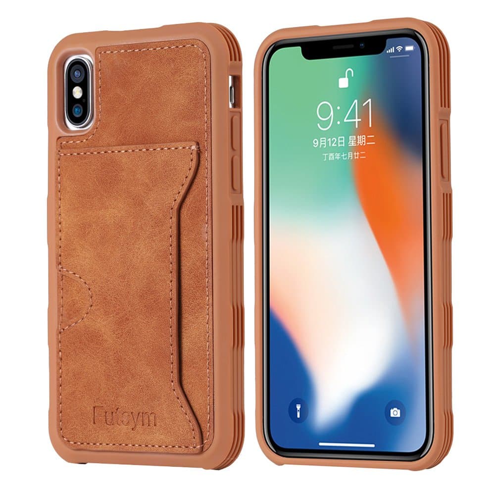 Premium Protection Case for iPhone XS / iPhone X 5.8 inch Card Holder Leather Phone Case for iPhone X/XS (Brown)