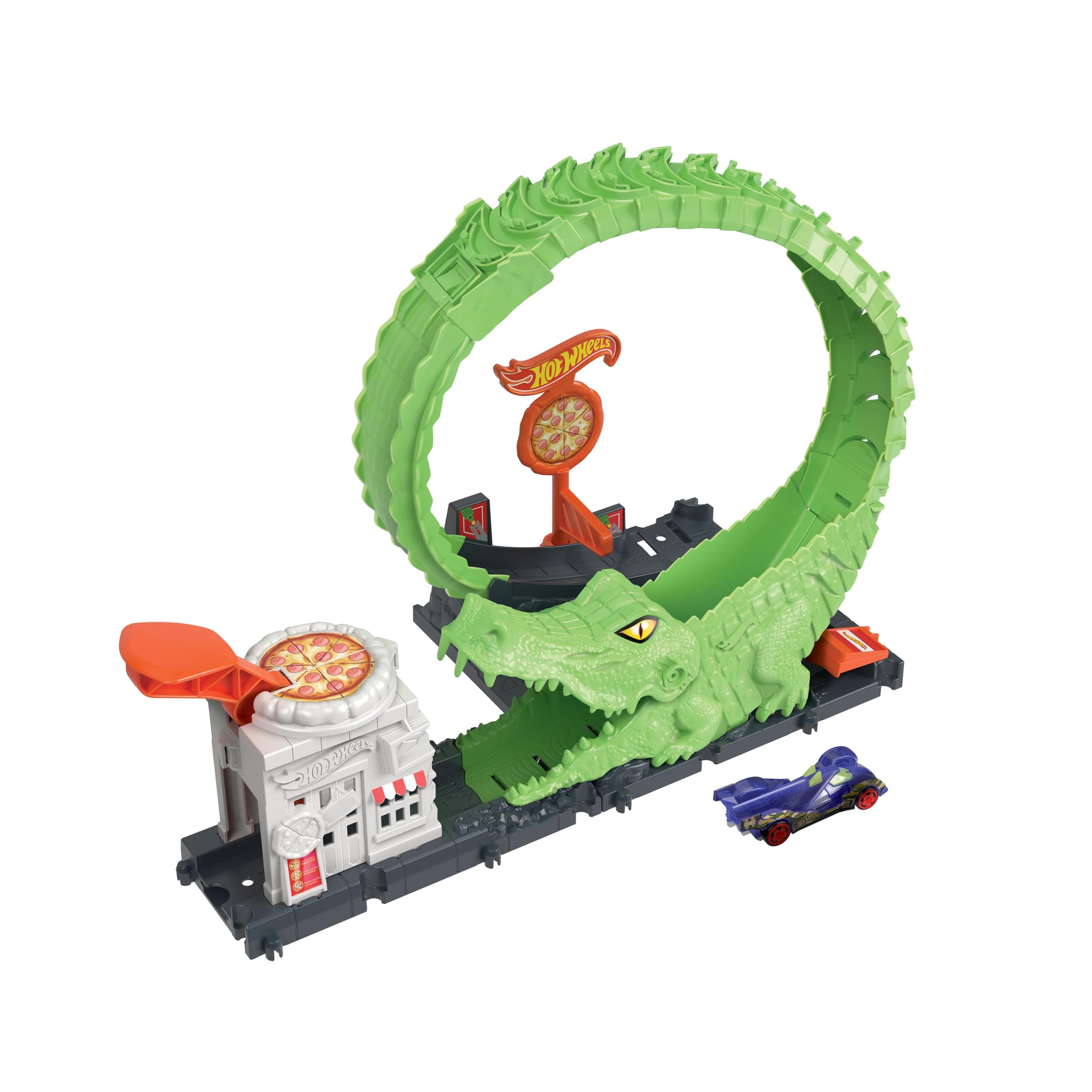 Track Set with 1 Hot Wheels Car, Adjustable Track that Connects to Other Sets, Gator Loop Pizza Place Playset, HKX39