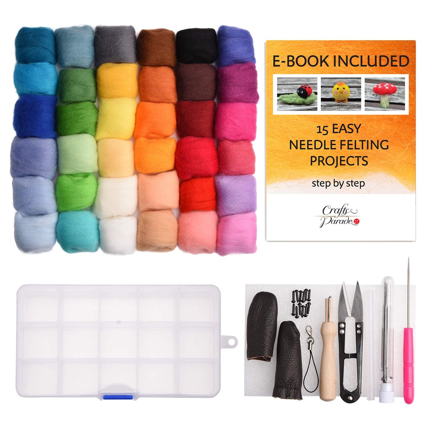 Needle Felting Kit - Wool Roving 36 Colors Set - Starter Tool Kit in a Storage Case and Foam Mat included - plus 15 Beginner Projects eBook with Instructions - Gift Idea – by Crafts Parade