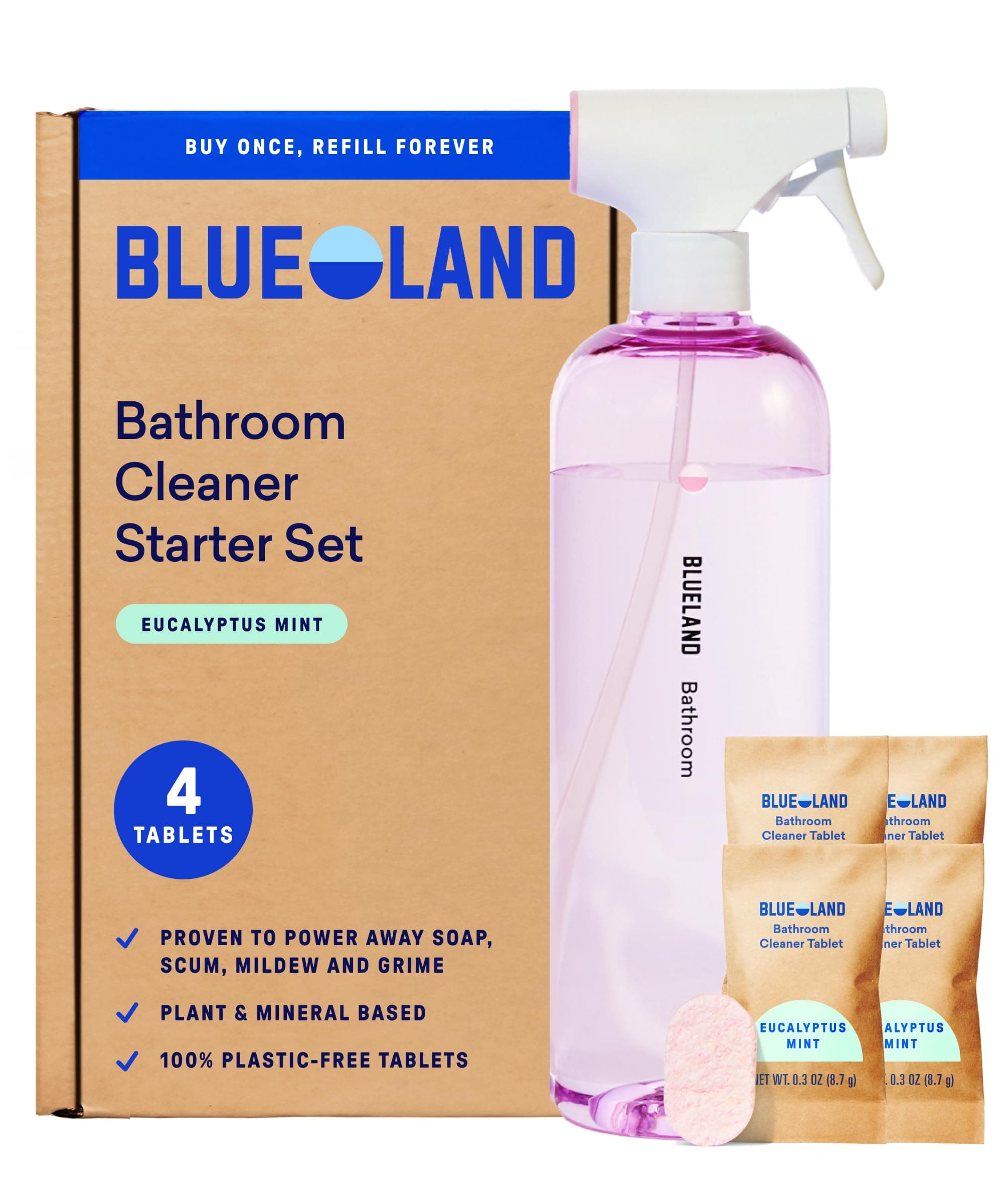 Bathroom Cleaner, Starter Set, Eucalyptus Mint Scent, Spray Bottle with 4 Refill Tablets, Eco-Friendly Cleaning Supplies, 4 x 24 Fl oz