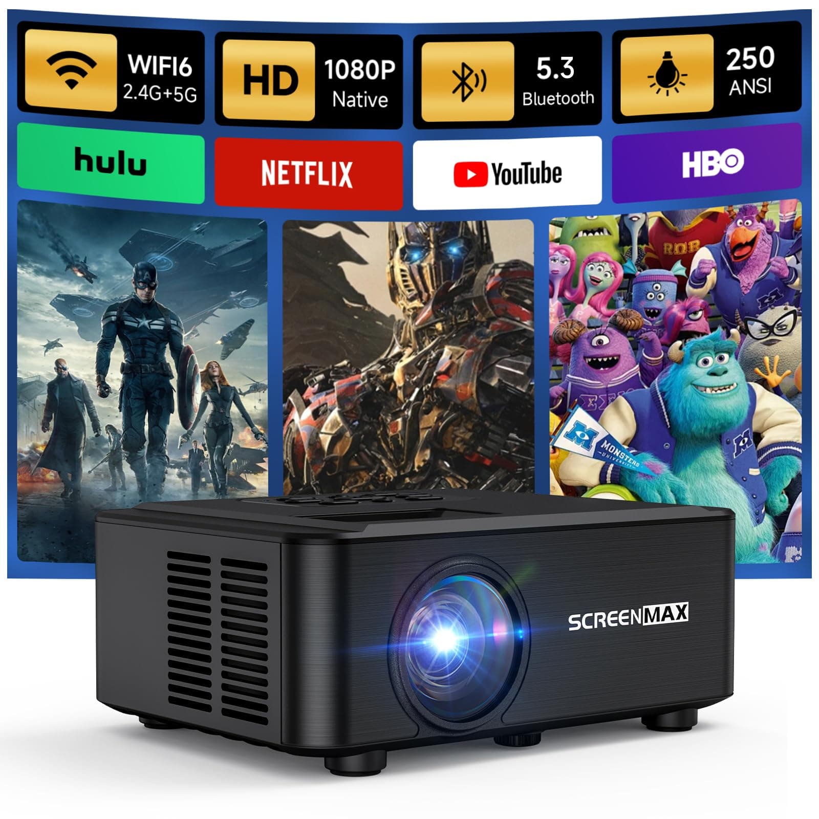 Projector with WIFI and Bluetooth, Native 1080P Bluetooth Projector, Full HD Portable Outdoor Movie Projector with Built-in Speaker, Compatible with Smartphone, HDMI, USB, Fire Stick for Home Cinema