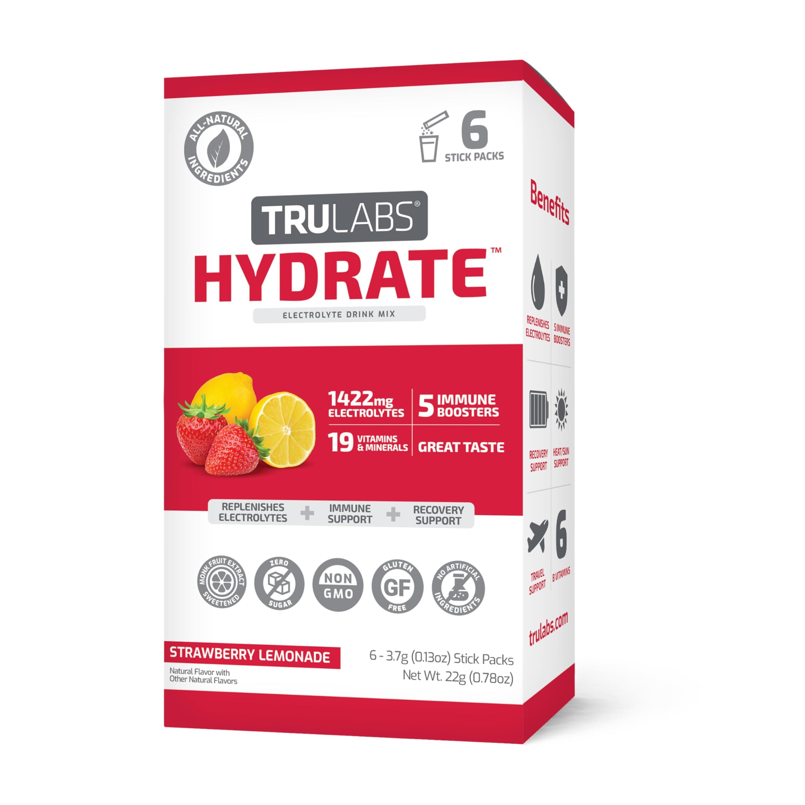 TRULABS Hydrate - Strawberry Lemonade. Sugar Free Electrolytes Hydration Packets. Each Serving Contains 1422 mg of Electrolytes &19 Vitamins & Minerals (6ct)