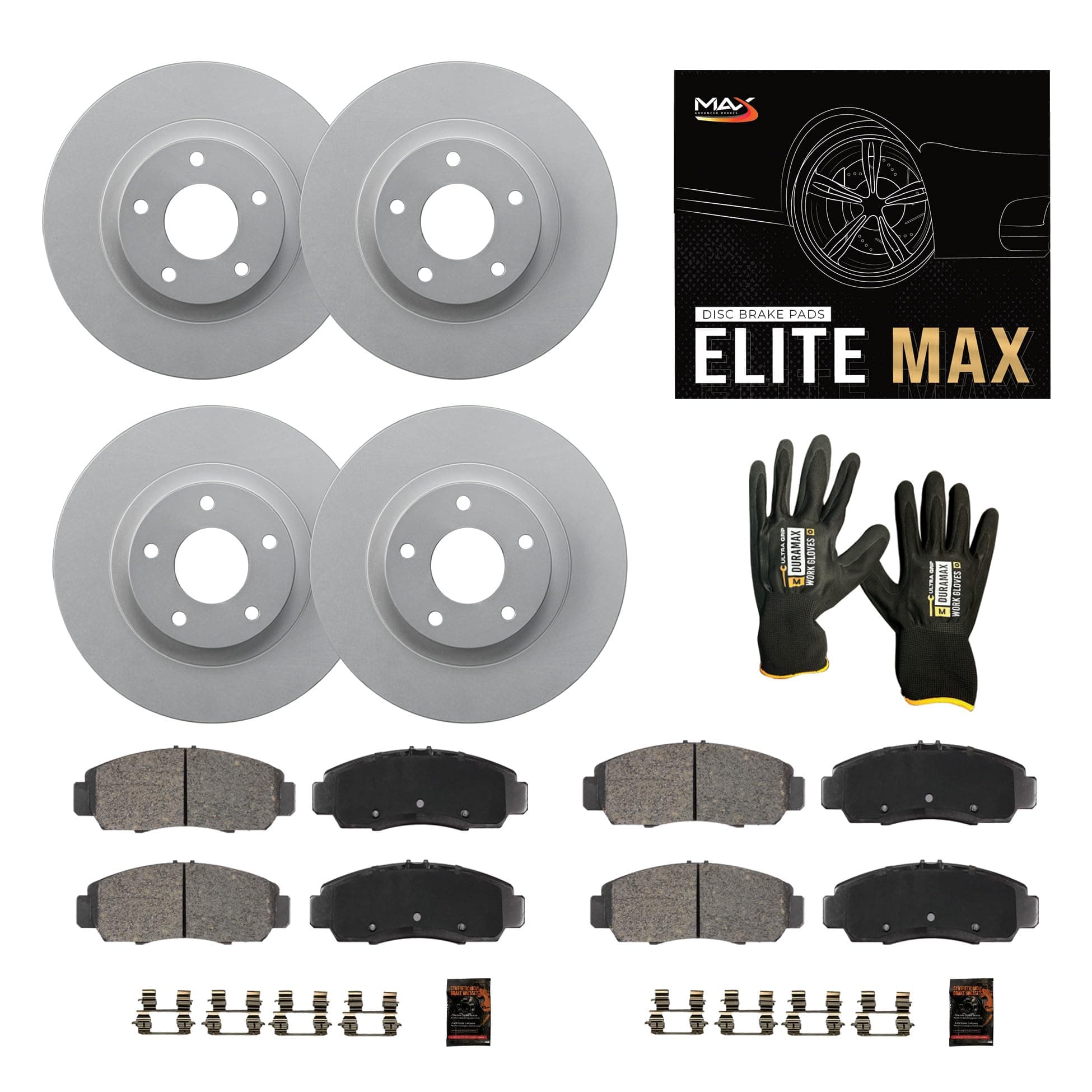 Max Advanced Brakes Front & Rear Brake Kit Compatible With 2009-2016 2017 Chevy Traverse Compatible With GMC Acadia Replacement Geomet Coated OE Disc Brake Rotors and Ceramic Brake Pads