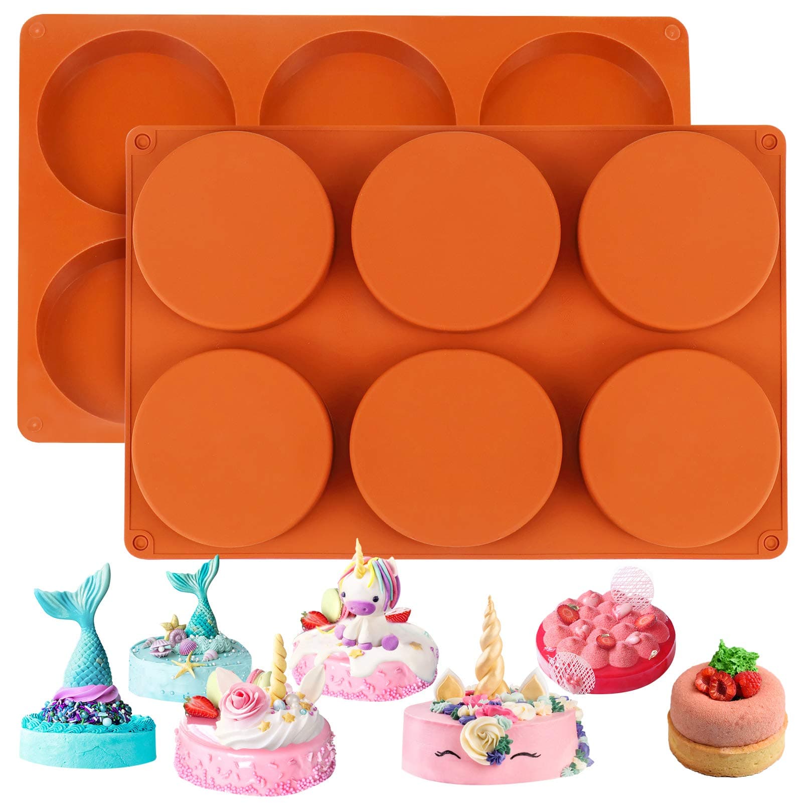 Palksky Silicone Molds for Baking (2 Pack) 6-Cavity Large Round Disc Mold/ English Muffins Pan/ Resin Coaster Mold Non-Stick for Hamburger Chocolate Cake Pie Custard Tart Whoopie Pie Egg Pan