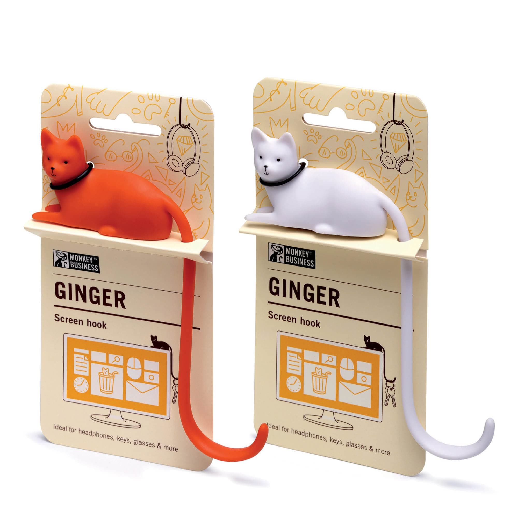 Monkey Business Ginger The Cat Tail Hook for Computer Screen, Desk Headphone Hanger Organizer Decorative Hooks for Computer Accessories (Orange & White)