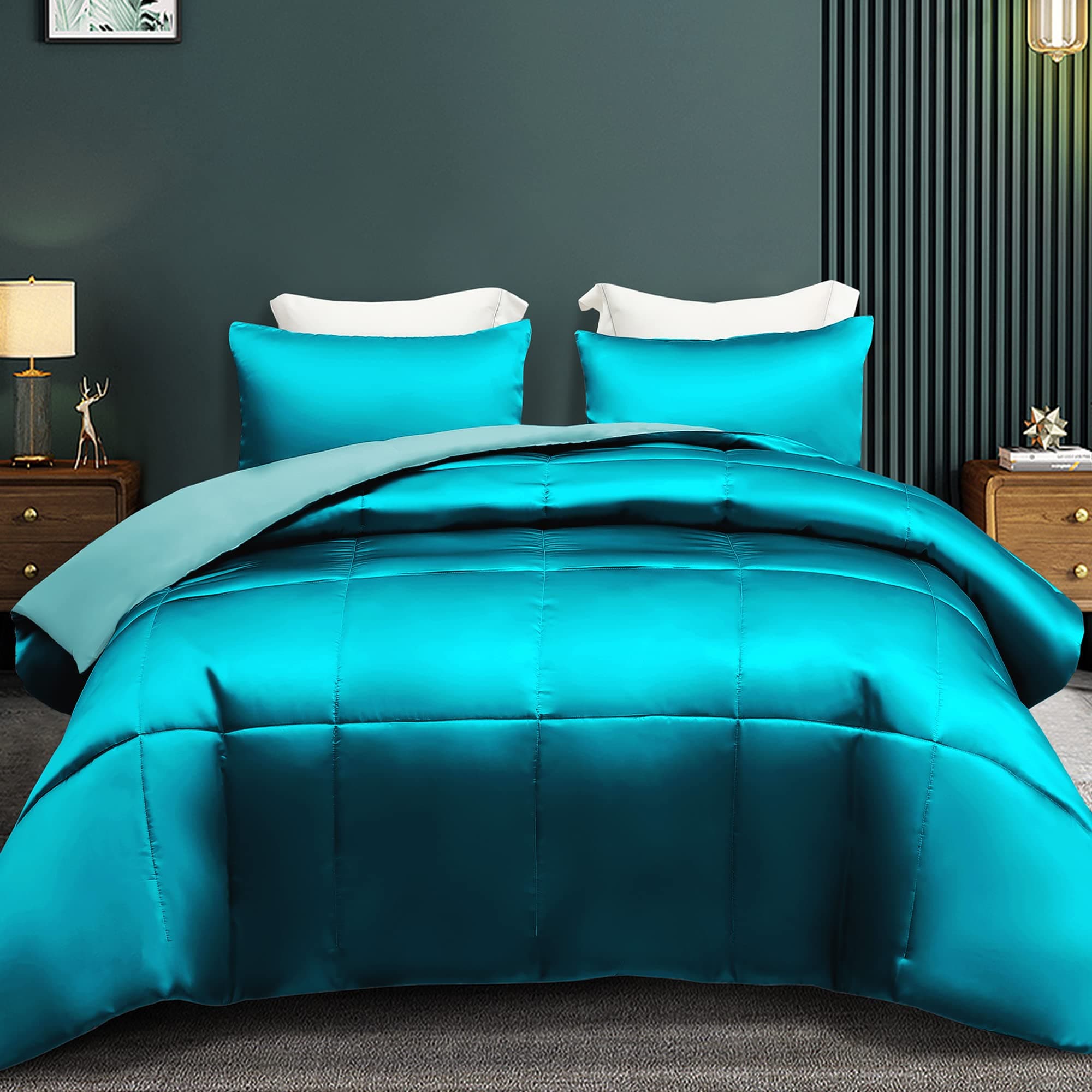 3-Piece Reversible Silky Soft King Size Comforter Bedding Set, Luxurious Satin Comforters Oversized with 2 Satin Pillowcases, Lightweight Duvet for All Seasons, Turquoise