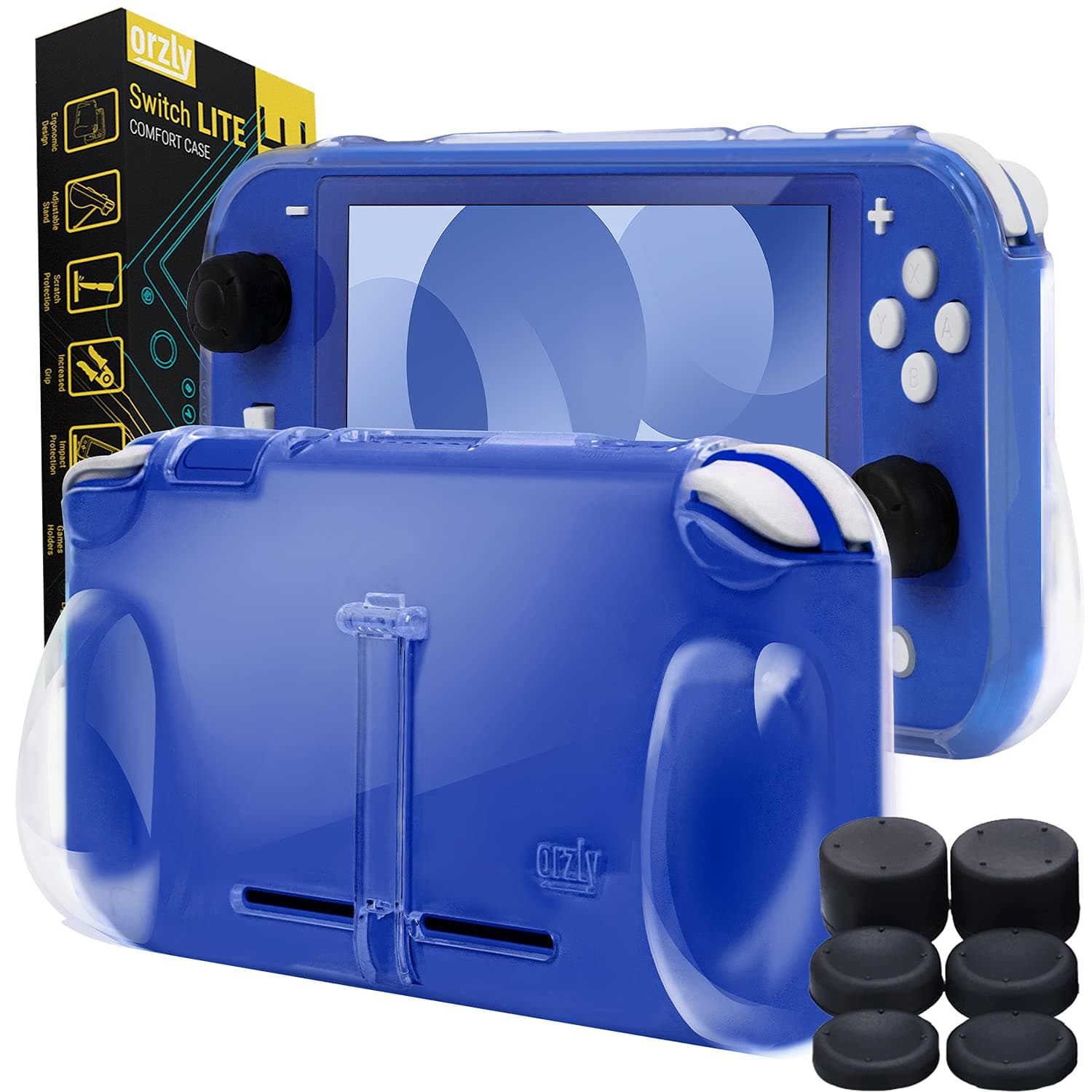 Orzly Grip Case for Nintendo Switch Lite – Case with Comfort Padded Hand Grips, Kickstand, & Pack of Thumb Grips - Transparent/Clear