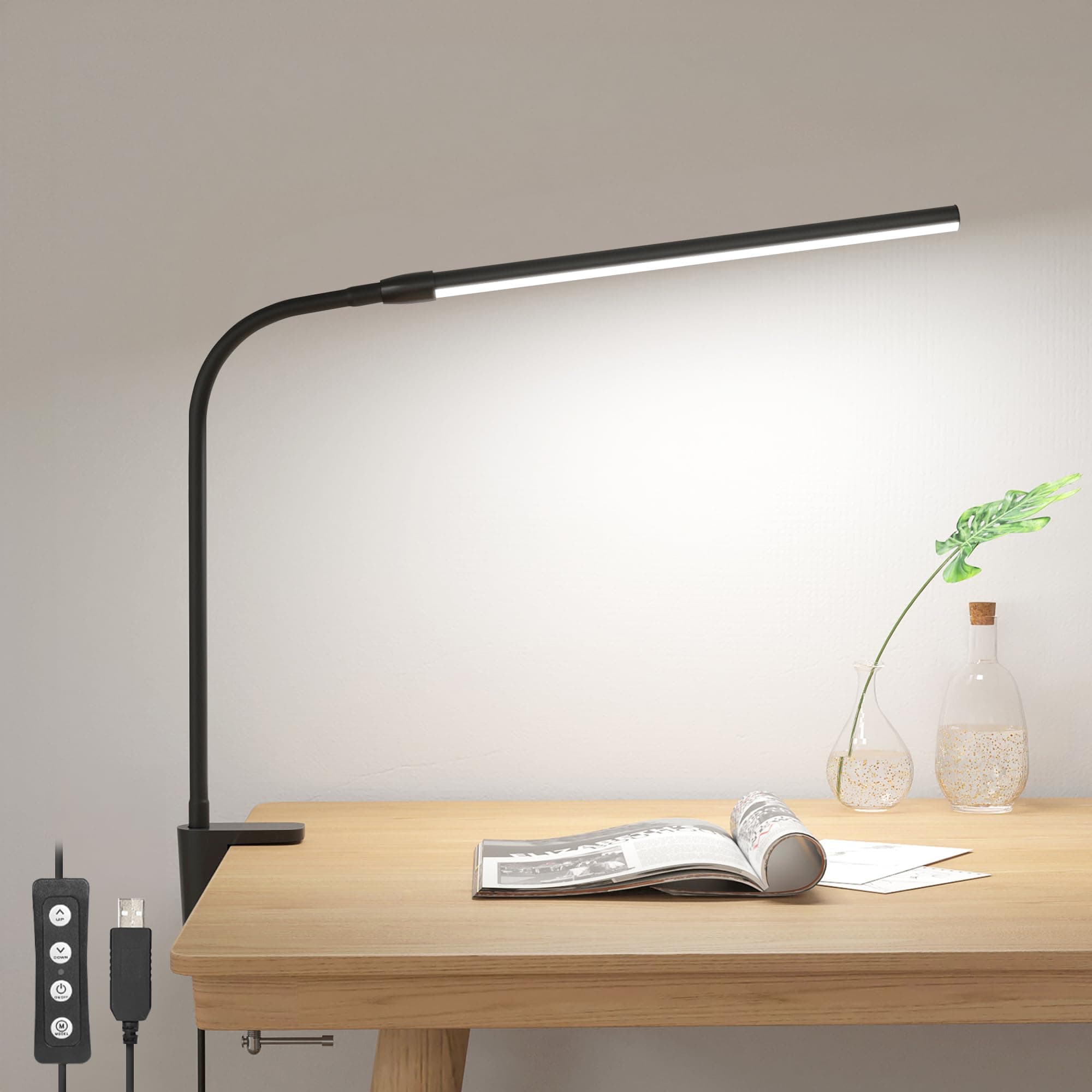 Clip on Desk Lamp LED Reading light Dimmable USB Clamp Lamp with 3 Color Modes 10 Brightness, Adjustable Flexible Gooseneck Table Light for Bed Headboard, Workbench, Home Office, Computer, Black