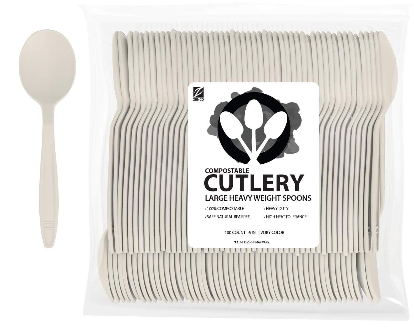 ZenCo Biodegradable Compostable Disposable Cutlery - 100 Spoons Large 6.5" Ivory - Heavy Duty Heat Resistant Eco Friendly Utensils for Office, Catering, Picnics or Birthdays (100 Count, Spoons)
