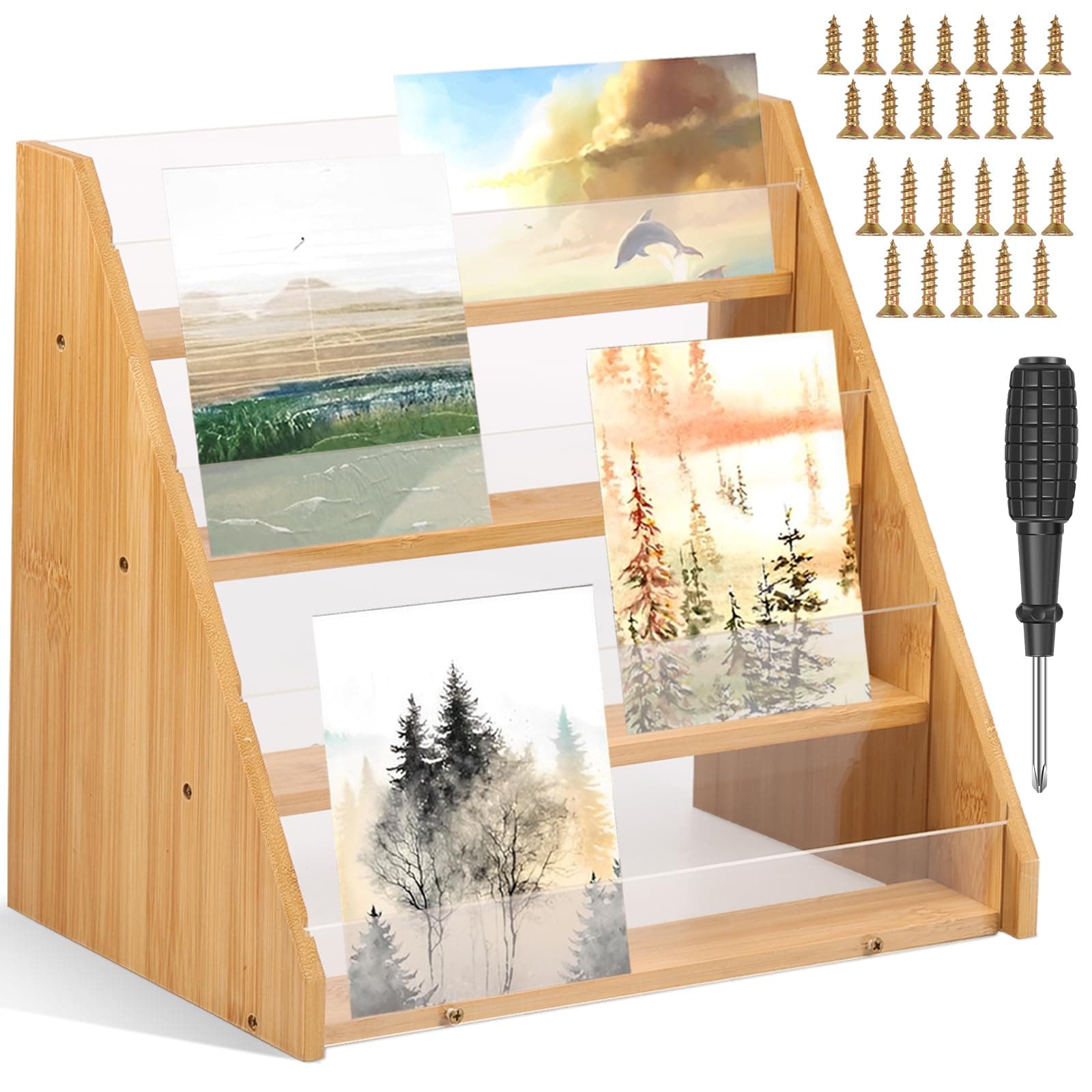 Cardboard Display Stand 4 Tier Leaflets Greeting Card Display Stands 34×22.5×31cm Wooden Stickers Display Risers Kids Bookshelf Portable Retail Table Display Stand for Card Stickers Jewelry Showcase