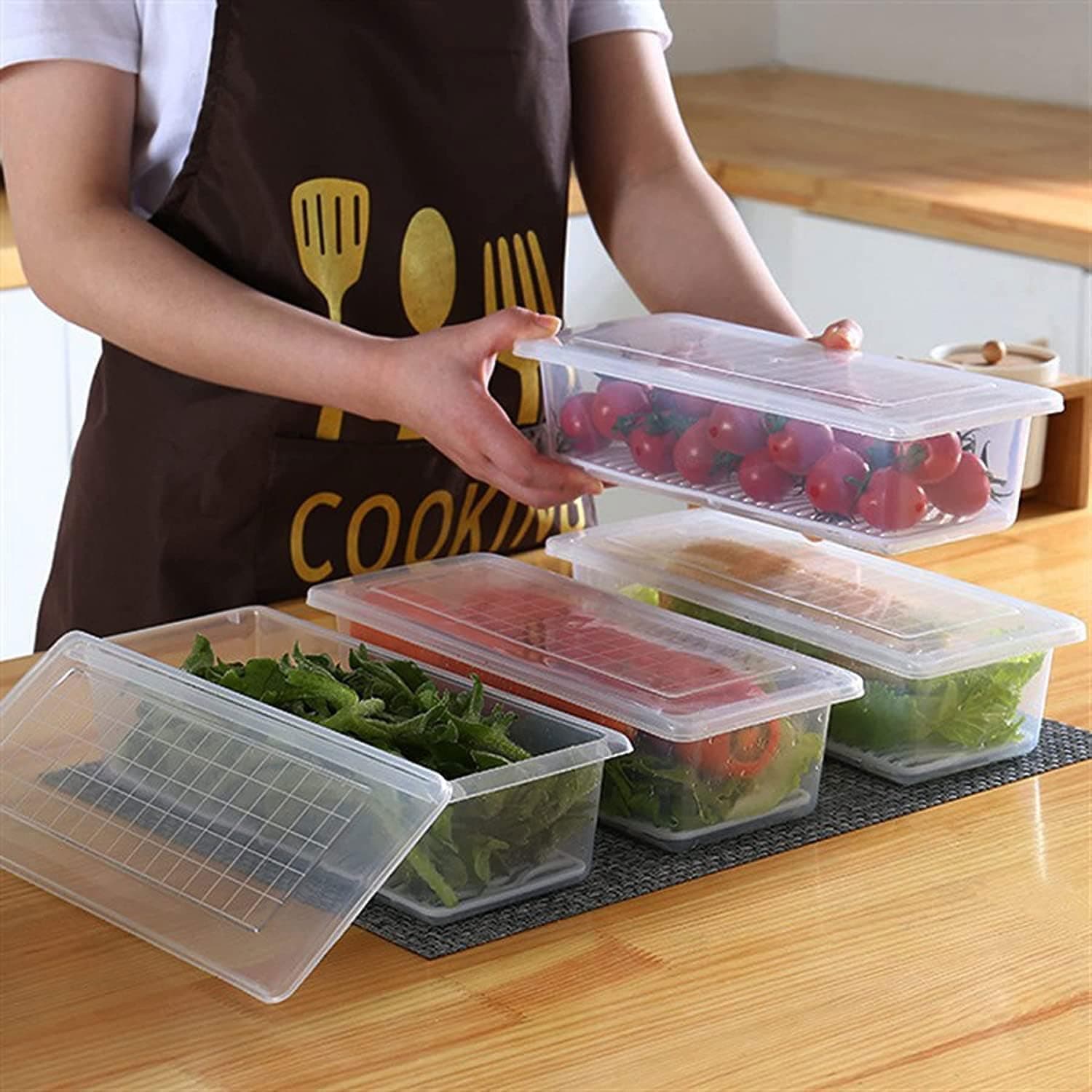 Clazkit Plastic 4 Food Storage Containers,Fridge Organizer For Keep Fruits,Removable Drain Plate And Lid Stackable Fruits, Vegetables, Meat, Fish Fresh And Dry - Pack Of 4, Transparent