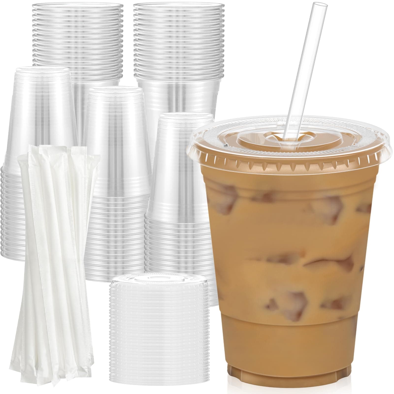 Dealusy 100 Pack - 16 oz Clear Plastic Cups with Lids and Straws, Sturdy & Fo...
