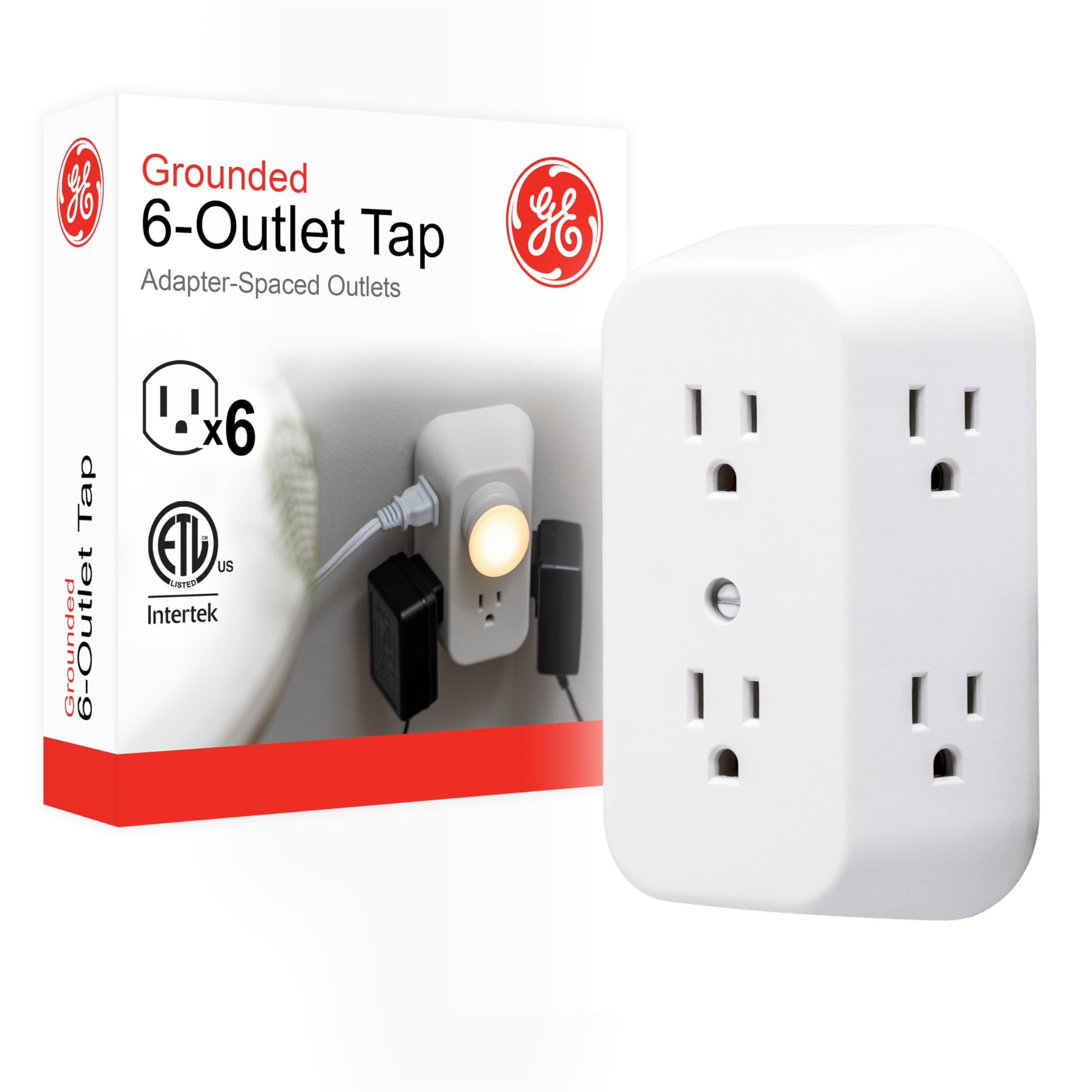 GE 6-Outlet Extender, Grounded Wall Tap, Adapter Spaced Outlets, 3-Prong, Multiple Plug, Quick and Easy Install, Cruise Essentials, ETL Listed, White, 50759