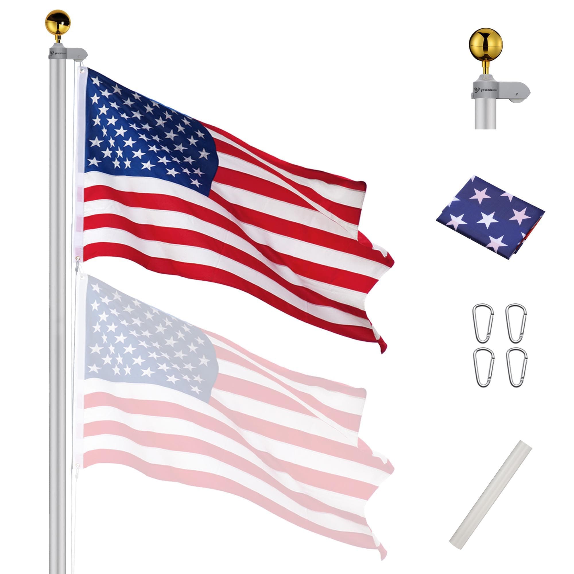 Yeshom 20ft Aluminum Sectional Flagpole Kit 5 Sectional Fly 2 Flags 3'x5' US American Flag Gold Ball Kit Outdoor Yard Garden