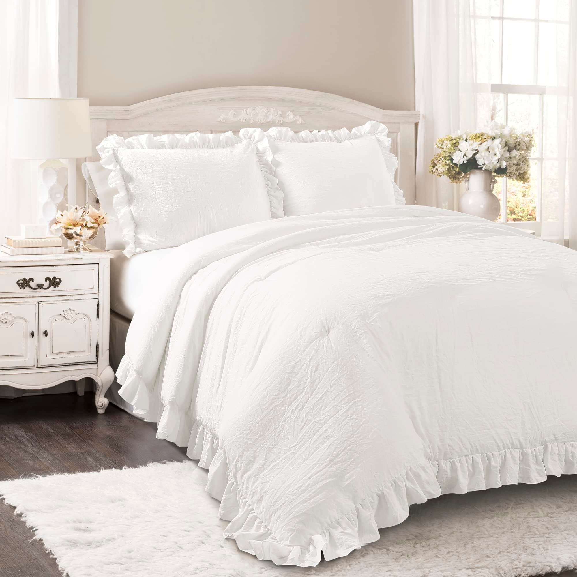 Reyna Ruffle Comforter Set - 3 Piece Full/Queen Size Ruffle Comforter Set - Elegance for Bedroom - Full/Queen, Pure White