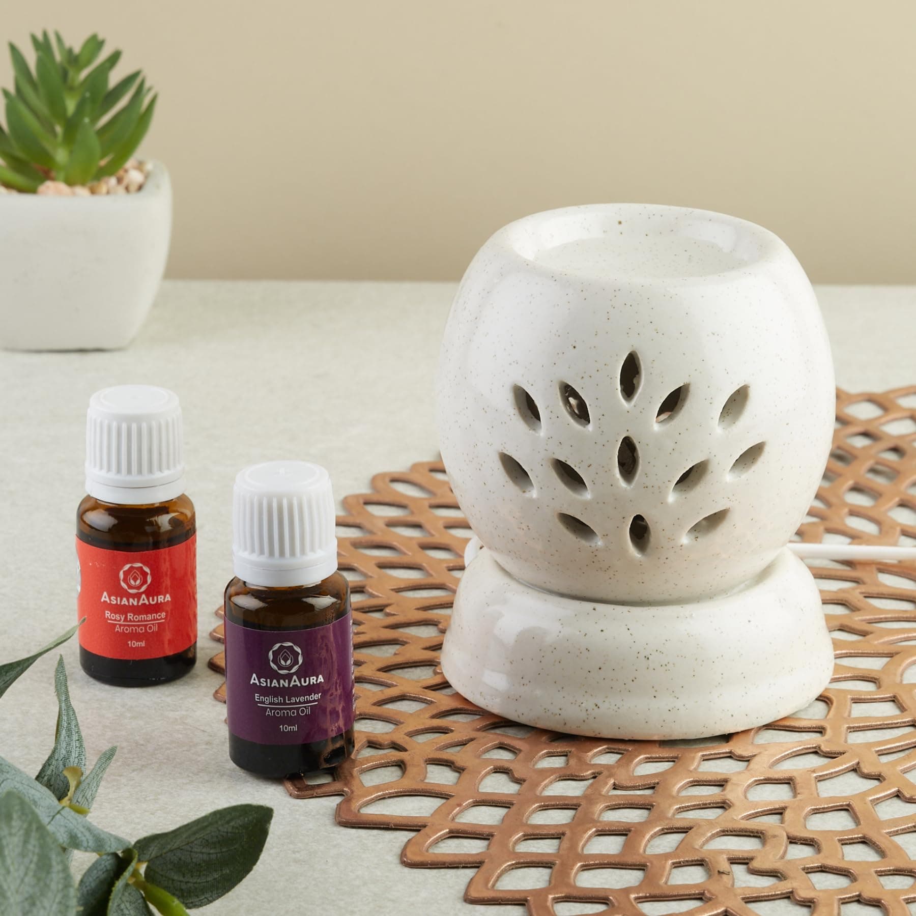 Handcrafted Ceramic Electric Round Shaped Aroma Diffuser| Aroma Oil Burner for Aromatherapy| Home Decor and Fragrance with Aroma Oils(English Lavender & Rosy Romance Fragrance 10ml Each)