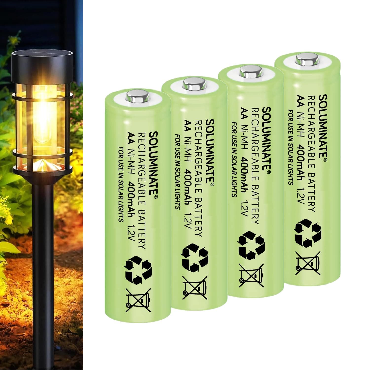 Soluminate AA Solar Light Batteries (400mAh) Size AA 1.2V Rechargeable NiMH for garden solar lights (4-Pack)