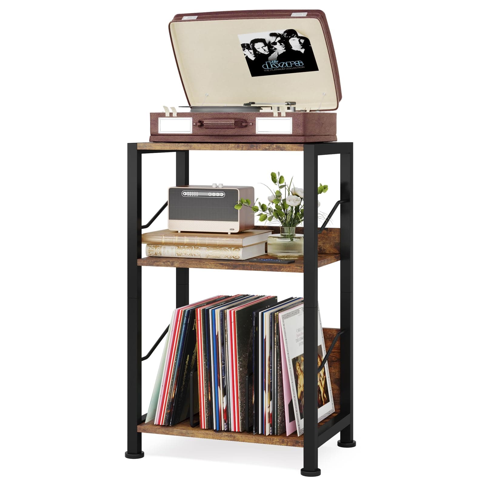 Hosfais 3 Tier Record Player Stand, Retro Vinyl Storage End Table Records for Living Room Bedroom (Brown)