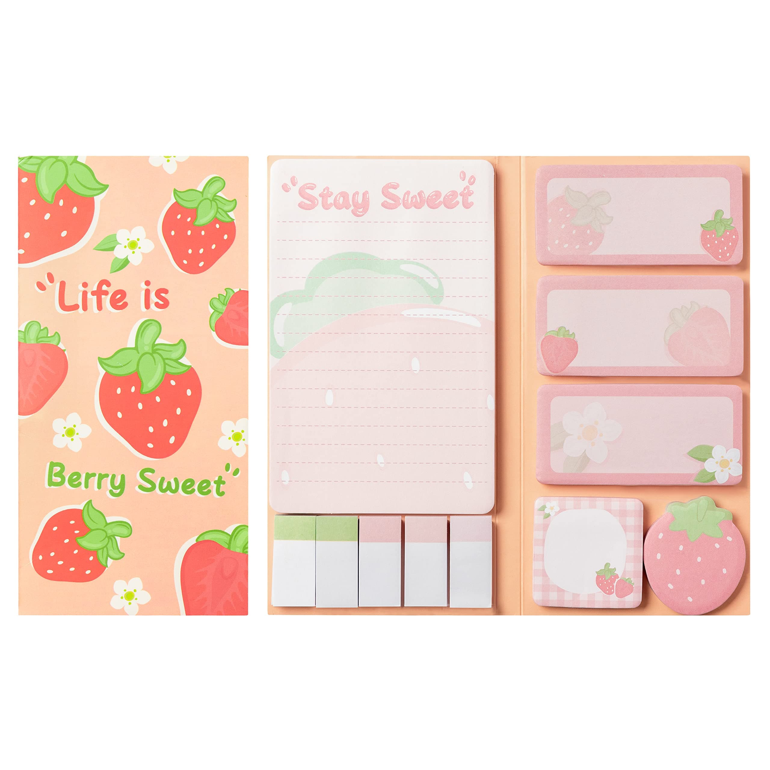 Xqumoi Life is Berry Sweet Sticky Notes Set, 550 Sheets, Strawberry Pattern Self-Stick Notes Pads Summer Fruit Divider Tabs Bundle Writing Memo Pads Back to School Office Supplies Small Gift