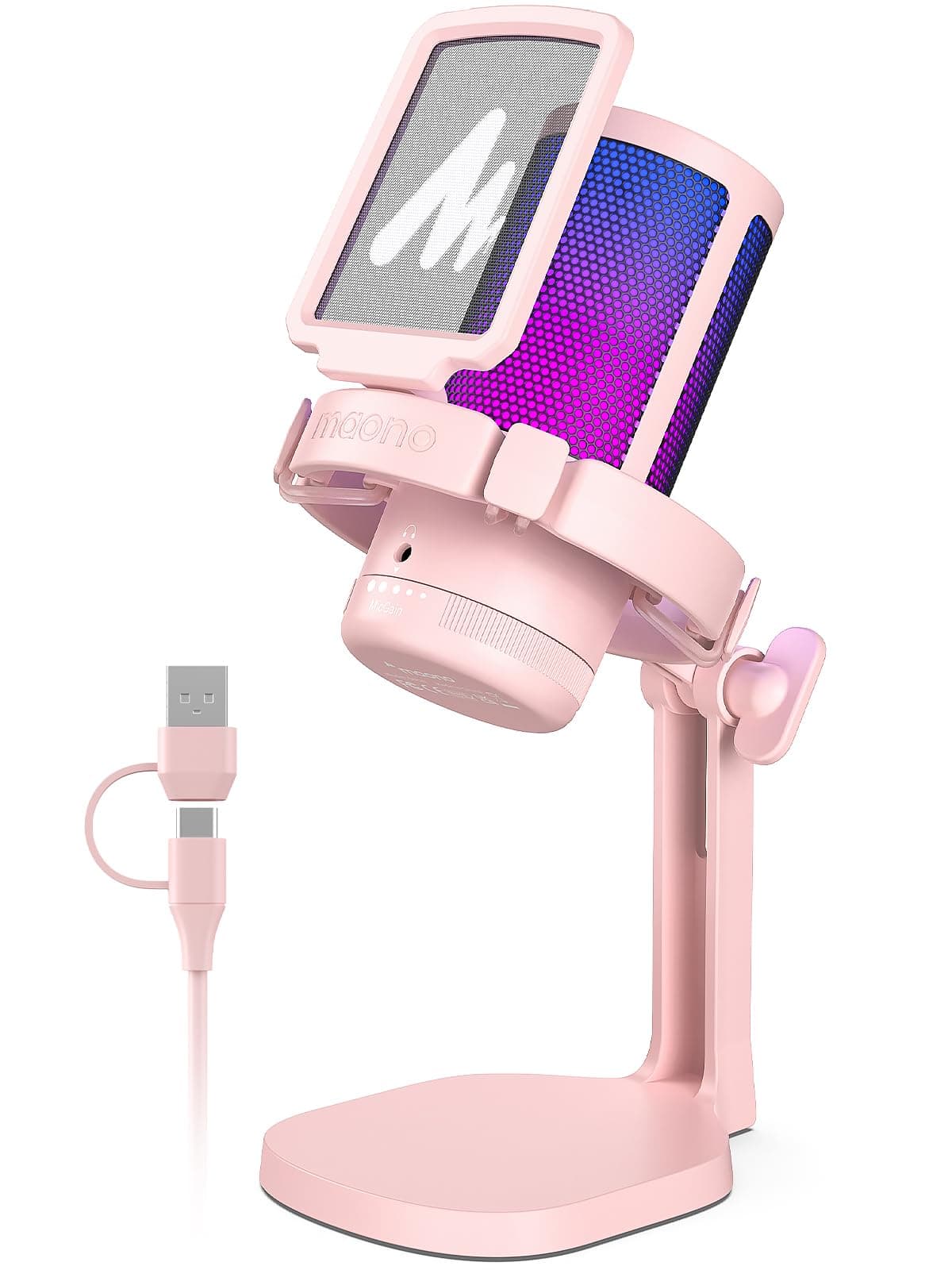 MAONO USB Microphone for PC, RGB Gaming Mic with Mute Button, Noise Cancellation Condenser Microphone with Gain knob for Streaming, Podcast, Recording, Chat, Compatible with PS5/PS4/Mac, DGM20, Pink