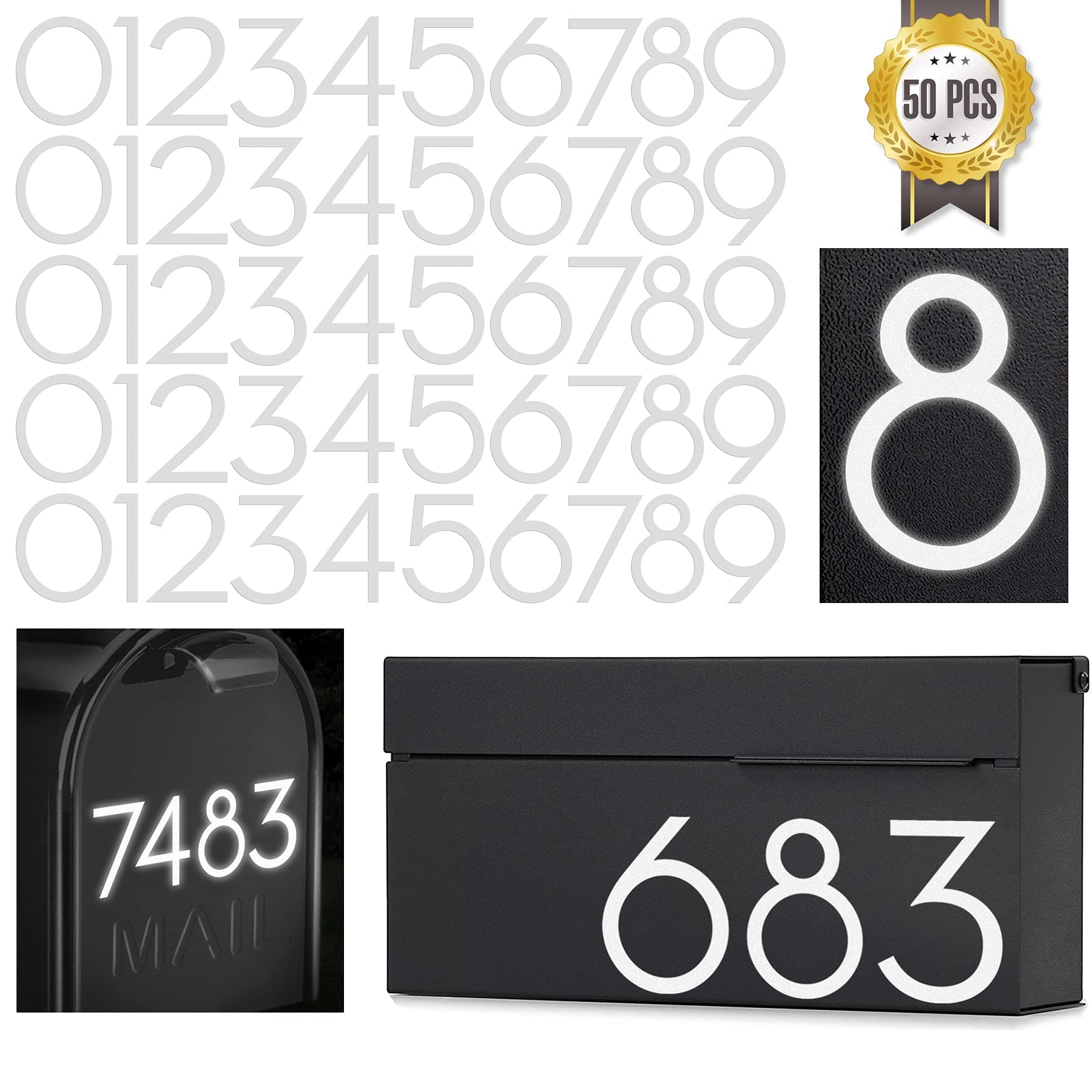3 inch Reflective Mailbox Numbers Sticker (0-9, 5 Sets) Modern Number Vinyl Waterproof Number Self Adhesive Sticker for Signs, Door, Cars, Trucks, Home, Business, Address Number