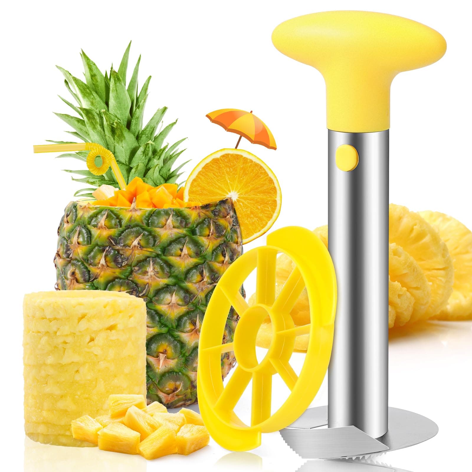 Premium Pineapple Corer and Slicer Tool - Pineapple Cutter with Sharp Serrated Tips - Easy to Use & Clean - Stainless Steel Core Remover for Pineapple - Slice and Core Fruits with Ease(Yellow)